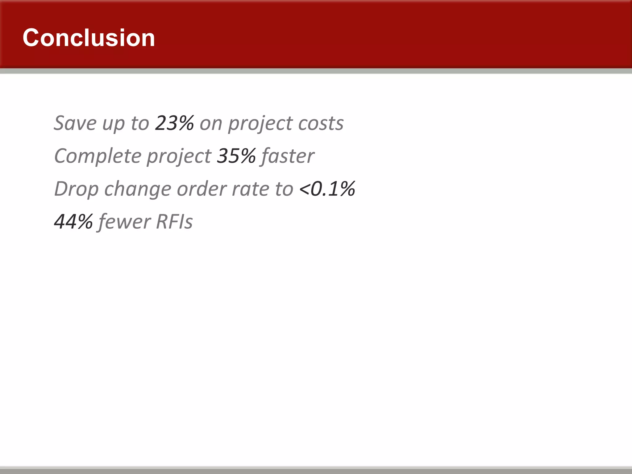 Conclusion
Save up to 23% on project costs
Complete project 35% faster
Drop change order rate to <0.1%
44% fewer RFIs
 