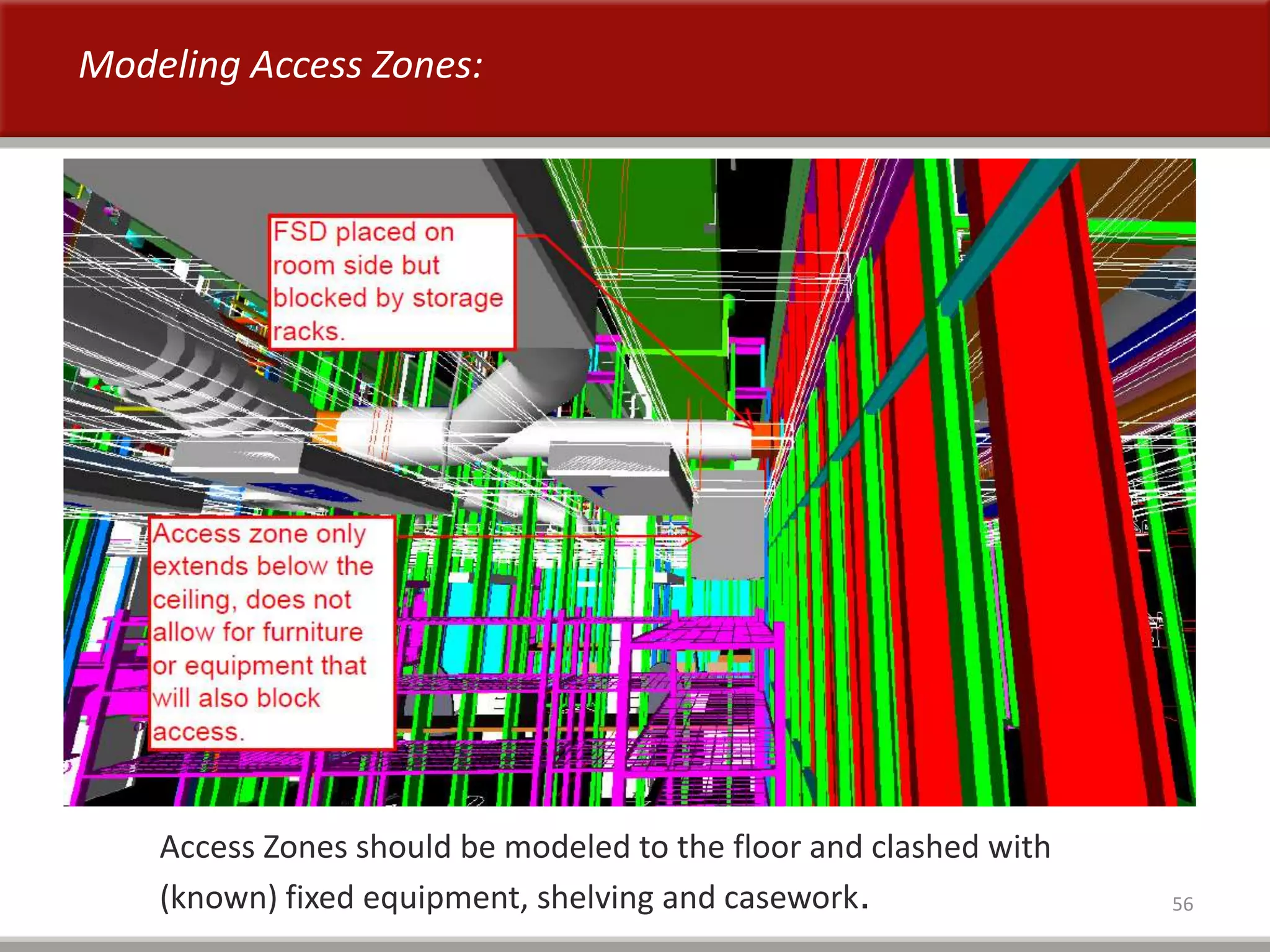 56
Access Zones should be modeled to the floor and clashed with
(known) fixed equipment, shelving and casework.
Modeling Access Zones:
 