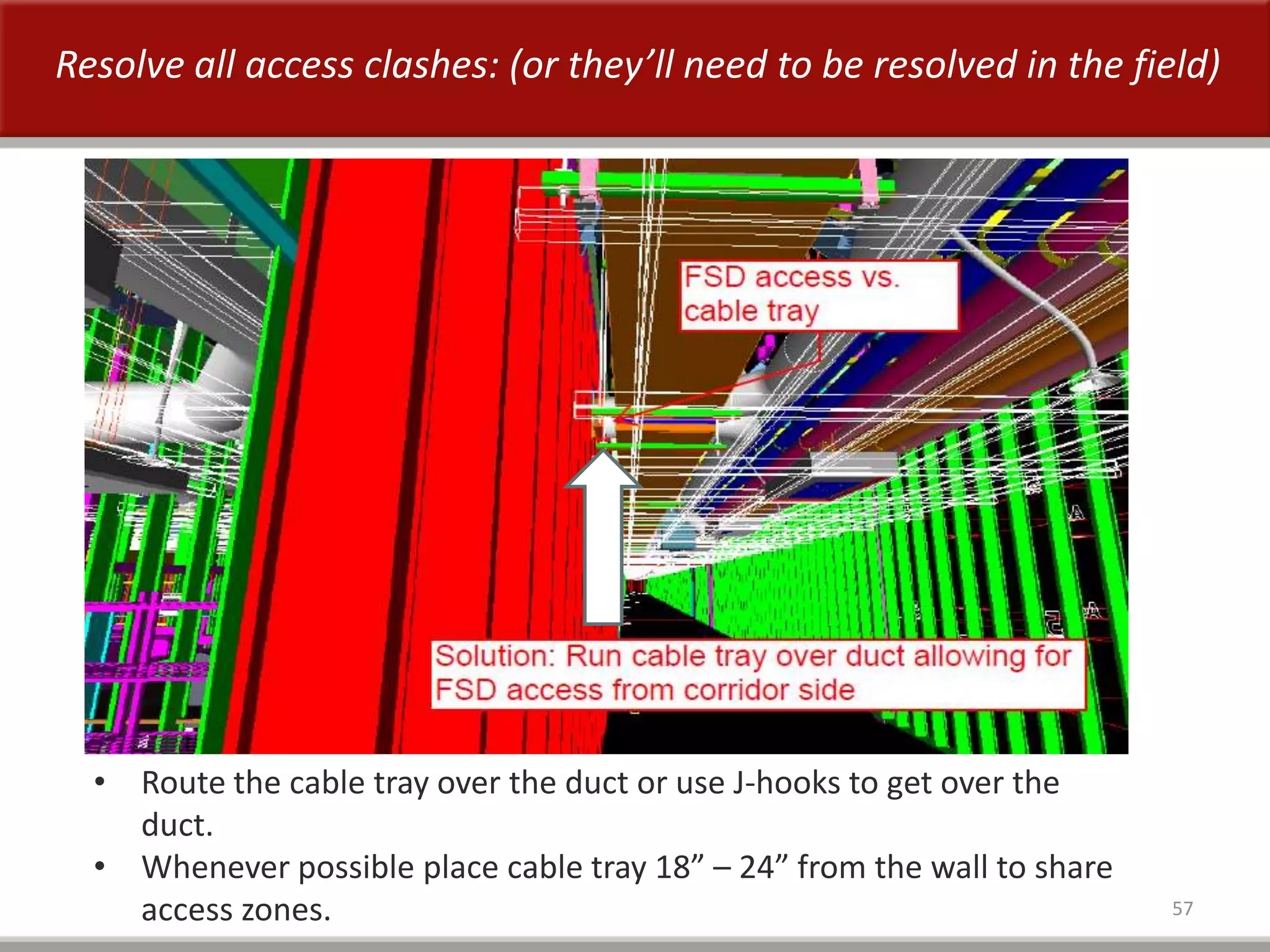 57
• Route the cable tray over the duct or use J-hooks to get over the
duct.
• Whenever possible place cable tray 18” – 24” from the wall to share
access zones.
Resolve all access clashes: (or they’ll need to be resolved in the field)
 