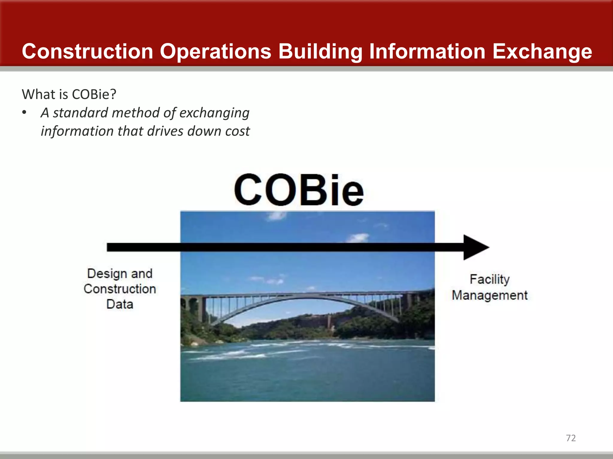 Construction Operations Building Information Exchange
72
What is COBie?
• A standard method of exchanging
information that drives down cost
 