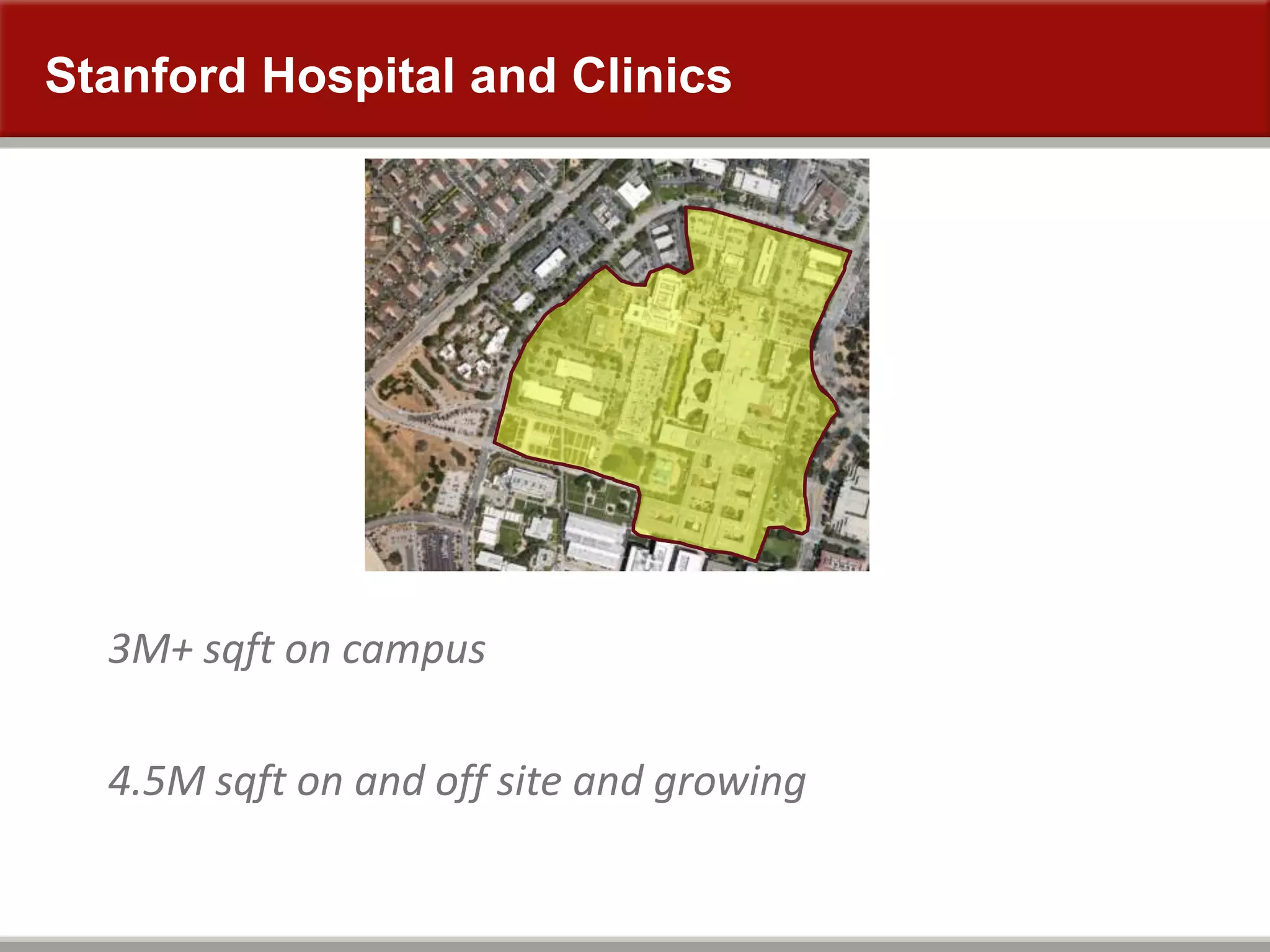 Stanford Hospital and Clinics
3M+ sqft on campus
4.5M sqft on and off site and growing
 
