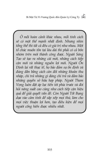 Bñ Mêåt Trõ Vò Vûúng Quöëc àïën Quaãn Lyá Cöng Ty

ÚÃ möîi hoaân caãnh khaác nhau, möîi tñnh caách
seä coá möåt thïë maånh nhêët àõnh. Nhûng nhòn
töíng thïí thò têët caã àïìu coá giaá trõ nhû nhau. Möåt
töí chûác muöën töìn taåi lêu daâi thò phaãi coá caã böën
nhoám trïn múái thaânh cöng àûúåc. Ngûúâi Saáng
Taåo seä taåo ra nhûäng caái múái, nhûäng caách tiïëp
cêån múái vaâ nhûäng nguöìn lúåi múái. Ngûúâi ÖÍn
Àõnh laåi rêët thûåc tïë, hoå baão àaãm sûå öín àõnh vaâ
àuáng àùæn bùçng caách cên àöëi nhûäng khoaãn thu
nhêåp, chi traã nhûäng gò àaáng chi traã vaâ àaãm baão
nhûäng quyïìn súã hûäu húåp phaáp. Ngûúâi Tham
Voång luön àùåt aáp lûåc tiïën túái phña trûúác vaâ àoâi
hoãi nùng suêët cao cuäng nhû caách tiïëp cêån hiïåu
quaã àïí giaãi quyïët vêën àïì. Coân Ngûúâi Töët Buång
dûåa vaâo caãm tñnh àïí sùæp xïëp moåi thûá, laâm cho
moåi viïåc thuêån lúåi hún, taåo àiïìu kiïån àïí moåi
ngûúâi cöëng hiïën àûúåc nhiïìu nhêët.

103

 