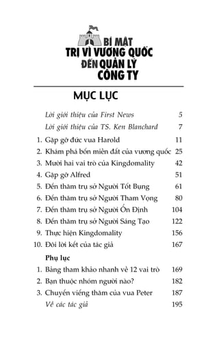 MUÅC LUÅC
Lúâi giúái thiïåu cuãa First News

5

Lúâi giúái thiïåu cuãa TS. Ken Blanchard

7

1. Gùåp gúä àûác vua Harold

11

2. Khaám phaá böën miïìn àêët cuãa vûúng quöëc 25
3. Mûúâi hai vai troâ cuãa Kingdomality

42

4. Gùåp gúä Alfred

51

5. Àïën thùm truå súã Ngûúâi Töët Buång

61

6. Àïën thùm truå súã Ngûúâi Tham Voång

80

7. Àïën thùm truå súã Ngûúâi ÖÍn Àõnh

104

8. Àïën thùm truå súã Ngûúâi Saáng Taåo

122

9. Thûåc hiïån Kingdomality

156

10. Àöi lúâi kïët cuãa taác giaã

167

Phuå luåc
1. Baãng tham khaão nhanh vïì 12 vai troâ

169

2. Baån thuöåc nhoám ngûúâi naâo?

182

3. Chuyïën viïëng thùm cuãa vua Peter

187

Vïì caác taác giaã

195

 