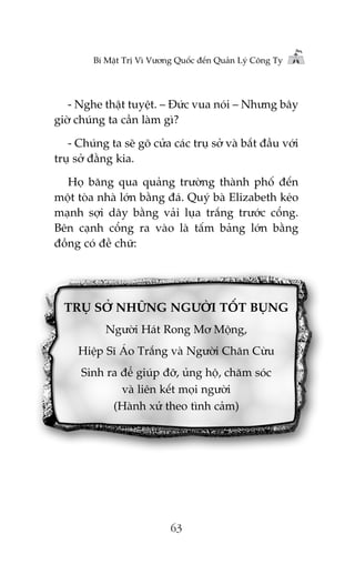 Bñ Mêåt Trõ Vò Vûúng Quöëc àïën Quaãn Lyá Cöng Ty

- Nghe thêåt tuyïåt. – Àûác vua noái – Nhûng bêy
giúâ chuáng ta cêìn laâm gò?
- Chuáng ta seä goä cûãa caác truå súã vaâ bùæt àêìu vúái
truå súã àùçng kia.
Hoå bùng qua quaãng trûúâng thaânh phöë àïën
möåt toâa nhaâ lúán bùçng àaá. Quyá baâ Elizabeth keáo
maånh súåi dêy bùçng vaãi luåa trùæng trûúác cöíng.
Bïn caånh cöíng ra vaâo laâ têëm baãng lúán bùçng
àöìng coá àïì chûä:

TRUÅ SÚÃ NHÛÄNG NGÛÚÂI TÖËT BUÅNG
Ngûúâi Haát Rong Mú Möång,
Hiïåp Sô AÁo Trùæng vaâ Ngûúâi Chùn Cûâu
Sinh ra àïí giuáp àúä, uãng höå, chùm soác
vaâ liïn kïët moåi ngûúâi
(Haânh xûã theo tònh caãm)

63

 