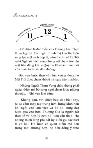 KINGDOMALITY

- Àoá chñnh laâ àùåc àiïím cuãa Thûúng Gia. Thûåc
tïë vaâ húåp lyá. Coân ngaâi Chñnh Trõ Gia thò luön
saáng taåo möåt caách húåp lyá, nùçm úã võ trñ söë 11. Töi
nghô Ngaâi seä thñch xem nhûäng neát chaåm tröí trïn
mùåt baân àùçng kia. – Quyá baâ Elizabeth vûâa noái
vûâa bûúác túái trûúác dêîn àûúâng.
Àûác vua bûúác theo vaâ nhòn xuöëng àöìng höì
Mùåt Trúâi àûúåc chaåm khùæc tó mó ngay trïn mùåt baân.
- Nhûäng Ngûúâi Tham Voång chùæc khöng phaãi
ngêîu nhiïn maâ boã cöng ngöìi chaåm khùæc nhûäng
thûá naây. - Nhaâ vua lêím bêím.
- Khöng àêu, vúái chiïëc baân àùåc biïåt naây,
hoå seä caãm thêëy têåp trung hún, hûáng khúãi hún
khi ngöìi vaâo laâm viïåc vaâ do àoá, cuäng àaåt
hiïåu quaã cao hún. Thûúng Gia laâ ngûúâi rêët
thûåc tïë vaâ húåp lyá nïn hoå luön cêín thêån. Hoå
khöng thñch laäng phñ bêët kyâ àiïìu gò, àùåc biïåt
laâ cú höåi. Hoå luön coá quan àiïím múã nïn
trong moåi trûúâng húåp, hoå àïìu àöìng yá trao

92

 