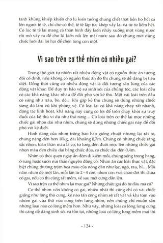 tanh khủng klaiếp khiến cho lũ kiến tưỏng chúng chết thật liền bò hết cả
lên ngưòi tê tê, chỉ chờ có thế, tê tê lập tức khép vẩy lại và từ từ liếm hết.
Có lúc tê tê lại mang cả thân h'mh đầy kiến nhảy xuống một vũng nước
rồi mở vẩy ra để cho lũ kiến nổi lên mặt nước sau đó chúng mới dùng
chiếc lưỡi dài lọi hại để chén từng con một.
Vì Sdo trên ctf thề nhím có nhiều gdi?
Trong thế giói tự rìhiên rất nhiều động vật có nguồn thức ăn tương
đối cố định, nếu không có nguồn thức ăn đó thì chúng sẽ dễ dàng bị tiêu
diệt. Đồng thòi cũng có nhiều động vật là đối tượng săn lùng của các
động vật khác. Để duy trì bảo vệ sự sứih sôi của chủng tộc, các loài đều
có các khả năng khác nhau để đối phó vói kẻ thù. Một vài loài trên đầu
có sừng như trâu, bò, dê... khi gặp kẻ thù chúng sẽ dùng những chiếc
sừng đó làm vũ khí phòng vệ. Có loại lại có khả năng chạy rất nlaanh,
động tác linh hoạt, khả năng này cũng có lọi để trốn chạy khỏi sự truy
đuổi của kẻ thù ví dụ như thỏ rừng... Có loài trên cơ thể lại mọc những
chiếc gai nhọn dài như nliím, chúng sẽ dùng những claiếc gai này để đối
phó vói kẻ địch.
H'mh dáng của nhím trông hao hao giống chuột nhưng lại rất to,
chúng nặng đến hon lOkg, dài khoảng 0,7m. Chúng có những chiếc răng
sắc nhọn, toàn thân màu lá cọ, từ lưng đến đuôi mọc lên những chiếc gai
nhọn màu đen chiều dài bằng chiếc đũa, có chiếc dài đến 0,4m.
Nhím có thói quen ngày ẩn đêm đi kiếm mồi, chúng sống trong hang,
ở rừng hoặc sưòn núi thảo nguyên đồng cỏ. Nhím ăn các loài thực vật, đặc
biệt chúng thường trộm hoa màu của nông dân như lạc, ngô, rau, bí... Mỗi
năm nhím đẻ một Icần, mỗi lần từ 2 - 4 con, nhím con vừa chào đòá thì chưa
có gai, nếu có thì cũng rất mềm, về sau mói cứng dần lên.
Vì sao trên cơ thể nhún lại mọc gai? Những chiếc gai đó từ đâu mà có?
Cơ thể nhím vốn không có gai, nhiều nhất thì cũng chỉ có vài chiếc
giống như lông thô cứng, kẻ nào tấn công nhím sẽ rất vất vả khi tóm vào
nhóm gai vừa thô vừa cứng trên lưng nhím, nên chúng chỉ muốn săn
những loài nào có lông mềm hơn. Như vậy, những loài có lông lưng cứng
thì càng dễ dàng sinh sôi và tồn tại, những loài có lông lưng mềm mại thì
- 124-
 
