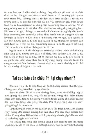 tử, mỗi loại sư tử đảm nhiệm những công việc và giữ một vị trí nhất
định. Ví dụ, chúng ta đều biết vua sư tử là con sư tử đực có quyền uy cao
nhất trong bầy. Những con sư tử đực khác dưói quyền sư tử cái, và
những con sư tủ con đều nghe lòi của nó. Vua sư tử còn phụ trách sự an
toàn của cả bầy, ngăn cản sự xâm phạm của những con sư từ khác. Nó sê
cùng những con sư tủ cái khác đảm nhiệm chức năng duy trì giống loài.
Khi vua sư tứ gicà, những con sư tử đực khỏe mạnh trong bầy đấu tranh
hoặc có những con sư từ đực ó bầy khác mạnh hon lọi dụng sơ hở đoạt
lấy ngôi vị vua sư từ. Khi vua sư tử mói này vừa lên ngôi, đầu tiên nó sẽ
cắn chết những con sư tử nhỏ của vua sư tử cũ, những con sư tử bị cắn
chết được vùi ở một noi kín, còn những con sư tử cái thì vẫn có thể cùng
vói vua sư tử mới sinla ra những con sư tử con.
Ngoài vua sư tử, thì những con sư tử đực trưởng thành bình thường
sinh sống cùng những con của sư tử khác, chịu sự lãnh đạo vua sư tử,
bảo vệ sự an tOcàn của cả bầy. Tất cả thức ăn của bầy sư tử đều do sư tử
cái gánla Vcác, kiếm được thức ăn cả bầy cùng hưởng, sau khi ăn no thì
cùng nlaau choi đùa. Sư tử cái còn một nhiệm vụ nữa là cho bầy sư tử lahỏ
bú sữa và dạy chúng cách bắt mồi.
Tại SdO báo săn châu Phi lại chạy nhanh?
Báo săn châu Phi là loài động vật ăn thịt, chạy nhanh nhất thê giói.
Chúng sinh sống trên thảo nguyên bao la.
Báo săn châu Phi thân cao khoảng 76cm, nặng từ 40-50kg. Ngoại
hình giống nlaư con báo, lông của nó có màu vàng nhạt điểm nlaững
chấm đen rứiỏ, đầu nó hcri giống vói mèo, tứ chi giống chó, đuôi của nó
dài hon thân, tiếng kêu giỏng báo châu Phi nhưng cũng kêu "chít chít"
giống tiếng kêu của chim.
Linli dương là thức ăn mà báo săn châu Phi thích nhất. Linh dương
chạy tương đối nhanh nhưng báo săn châu Phi còn chạy nhanh hơn
nhiều. Chúng chạy lOOm chỉ cần có 3 giây, chạy nhanh gấp 3 lần các nhà
vô địch chạy ngắn trên thế giới.
Khi chúng tấn công linh dương, chúng dồn toàn bộ sức lực, trong
khoảnh khắc đó có thể chạy tới 120 nghìn mét, vượt xa so với linh dương
- 151 -
 