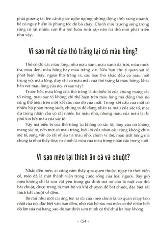 phải giương tai lên cảnh giác nghe ngóng những động tĩnh xung quanh,
hễ có nguy hiểm là phóng tốc độ bỏ chạy. Chính môi trường sống trong
rừng có rất nhiều con thú lớn luôn rình rập nên tai thỏ mói phát triển
như vậy.
Vì Sdo m ắt củd thỏ trắng lại có màu hồng?
Thỏ có đủ các màu lông, như màu xám, màu xanh da tròi, màu nước
trà, màu đen, màu hồng hay màu trắng v.v. Nếu bạn chú ý quan sát sẽ
phát hiện thấy, ngoài thỏ trắng ra, các loài thỏ khác đều có màu mắt
trùng vói màu lông, duy chỉ có màu mắt của thỏ trắng là màu hồng, khác
hẳn vói màu lông của nó, vì sao vậy?
Trước hết, màu lông của thỏ trắng là do biểu bì của chúng mang sắc
tố riêng, màu sắc tố không chỉ thể hiện trên màu lông mà đồng thòi nó
cũng thể hiện trên một kết cấu nào đó của mắt. Trong kết cấu của mắt có
nhiều bộ phận trong suốt, chúng ta dễ dàng nhận ra màu của sắc tố, mặc
dù trong nhãn cầu có rất nlaiều tia máu nhỏ, nhưng màu của máu lại bị
phủ km bỏi màu của sắc tố.
Vậy mà biểu bì của thỏ trắng lại không có sắc tố, lông của nó không
mang sắc tố, nên mói có màu trắng, biểu bì của nhãn cầu cũng không chứa
sắc tố, song vẫn có rất nlaiều tia máu nhỏ, chính vì thế, màu mắt hồng mà
chúng ta nhìn thấy thực ra chứứi Làmàu của máu trong nhãn cầu trong suốt.
Vì Sdo mèo lại thích ăncá và chuột?
Nhắc đến mèo, ai cũng cảm thấy quá quen thuộc, ngay từ thòi viễn
cổ, mèo đã là một thành viên trong cuộc sống của loài người. Bây giờ
mèo không chỉ là con vật yêu trong gia đình mà nó còn là một cao thủ
bắt chuột, được trang bị một bộ vũ khí chuyên để bắt chuột, đặc biệt rất
thích bắt chuột về đêm.
Bộ râu như một cái ăng ten ra đa của mèo chúìh là cơ quan nhạy bén
nhất của nó, đặc biệt vào ban đêm, nhờ vào bộ râu mà mèo có thể nhận biết
độ lớn của cái hang, sau đó xác định xem mình có thể chui lọt hay không.
- 154-
 