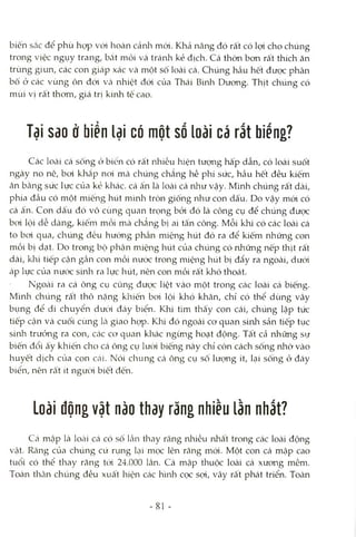 biến sắc để phù họp vcVi hoàn cảnh mói. Khả năng đó rất có lợi cho chúng
trong việc ngụy trang, bắt mồi và tránh kẻ địch. Cá thôn bon rất thích ăn
trùng giun, các con giáp xác và một số loài cá. Chúng hầu hết đưọc phân
bố ở các vùng ôn đói Vcà nhiệt đới của Thái Bình Dưong. Thịt chúng có
mùi vị rất thom, giá trị kinh tế cao.
Tại SdO ở biển lại có một sổ loài cá rất biềng?
Các loài cá sống ở biển có rất nhiều hiện tượng hấp dẫn, có loài suốt
ngày no nê, boi khắp noi mà chúng chẳng hề phí sức, hầu hết đều kiếm
ăn bằng sức lực của kẻ khác, cá ấn là loài cá như vậy. Mình chúng rất dài,
phía đầu có một miếng hút mình tròn giống như con dấu. Do vậy mói có
cá ấn. Con dấu đó vô cùng quan trọng bỏi đó là công cụ để chúng đưọc
boi lội dễ dàng, kiêm mồi mà chẳng bị ai tấn công. Mỗi khi có các loài cá
to boi qua, chúng đều hướng phần miệng hút đó ra để kiếm rữiững con
mồi bị dạt. Do trong bộ phận miệng hút của chúng có những nếp thịt rất
dài, khi tiếp cận gcần con mồi nưóc trong nứệng hút bị đẩy ra ngoài, dưói
áp lực của nước sinh ra lực hút, nên con mồi rất khó thoát.
Ngoài ra cá ông cụ cũng đưtx: liệt vào một trong các loài cá biếng.
Mình chúng rất thô nặng khiến boi lội khó khăn, chỉ có thể dùng vây
bụng để di chuyển dưcVi đáy biển. Khi tìm thấy con cái, chúng lập tức
tiếp cận và cuối cùng Icà giao họp. Khi đó ngoài cơ quan sinh sản tiếp tục
sinh trưởng ra con, Ccác cơ quan khác ngừng hoạt động. Tất cả những sự
biến đổi ấy khiến chơ cá ông cụ lười biếng này chỉ còn cách sống nhờ vào
huyết dịch của con Ccái. Nói chung cá ông cụ số lượng ít, lại sống ở đáy
biển, nên rất ít người biết đến.
Loài động vật nào thay răng nhiều lần nhất?
Cá mập là loài cá có số Icần thay răng nliiều nhất trong các loài động
vật. Răng của chúng cứ rụng lại mọc lên răng mói. Một con cá mập cao
tuổi có thể thay răng tcVi 24.000 lần. Cá mập thuộc loài cá xương mềm.
Toàn thân chúng đều xuất hiện các hình cọc sợi, vây râd phát triển. Toàn
- 81 -
 