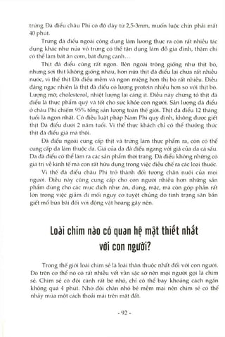 trứng Đà điểu châu Phi có độ dày từ 2,5-3mm, muốn luộc chứi phải mất
40 phút.
Trứng đà điểu ngoài công dựng làm lưong thực ra còn rất nhiều tác
dụng khác nhu nửa vỏ trứng có thể tcận dụng làm đồ gia đình, thậm chí
có thể làm bát ăn com, bát đựng canh...
Thịt đà điểu cũng rất ngon. Bên ngoài trông giống như thịt bò,
nhưng sợi thịt không giống nhau, hon nữa thịt đà điểu lại chứa rất nhiều
nước, vì thế thịt Đà điểu mềm và ngon miệng hon thị bò rất nhiều. Điều
đáng ngạc nhiên Icà thịt đà điểu có lượng protein nhiều hon so vói thịt bò.
Lượng mỡ, cholesterol, nhiệt lưcrng lại càng ít. Điều này chứng tỏ thịt đà
điểu là thực phẩm quý Vcà tốt cho sức khỏe con người. Sản lượng đà điểu
ởchcâu Phi chiếm 95% tổng sản lượng toàn thế giói. Thịt đà điểu 12 tháng
tuổi là ngon nhất. Có điều luật pháp Nam Phi quy địivh, không được giết
thịt Đà điểu dưới 2 năm tuổi. Vì thế thực khách chỉ có thể thưởng thức
thịt đà điểu già mà thôi.
Đà điểu ngoài cung cấp thịt và trứng làm thực phẩm ra, còn có thể
cung cấp da làm thuộc da. Giá của da đà điểu ngang vói giá của da cá sấu.
Da đà điểu có thể làm ra các sản phẩm thòi trang. Đà điểu không những có
giá trị về kinh tế mà con rất hữu dụng trong việc điều chế ra các loại thuốc.
Vì thê đà điểu châu Phi trở thành đối tượng chăn nuôi của mọi
người. Điều này cũng cung cấp cho con ngưòi nhiều hơn những sản
phẩm dùng cho các mục đích như: ăn, dùng, mặc, mà còn góp phần rất
lớn trong việc giảm đi mối nguy cơ tuyệt chủng do tình trạng săn bắn
giết mổ bừa bãi đối vcVi động vật hoang gây nên.
Loài chim nằo có quan hệ mật thiết nhất
với con người?
Trong thế giói loài chim sẻ Icàloài thân thuộc rữiất đối vói con ngưòi.
Do trên cơ thể nó có rất nhiều vết vằn sặc sỡ nên mọi người gọi là chim
sẻ. Chim sẻ có đôi cánh rất bé nhỏ, chỉ có thể bay khoảng cách ngắn
không quá 4 phút. Nhờ đôi chân nhỏ bé mềm mại nên chim sẻ có thể
nhảy múa một cách thoải mái trên mặt đất.
-92 -
 