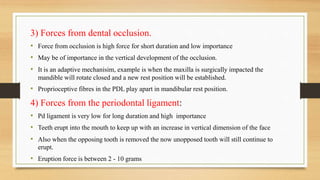 3) Forces from dental occlusion.
• Force from occlusion is high force for short duration and low importance
• May be of importance in the vertical development of the occlusion.
• It is an adaptive mechanisim, example is when the maxilla is surgically impacted the
mandible will rotate closed and a new rest position will be established.
• Proprioceptive fibres in the PDL play apart in mandibular rest position.
4) Forces from the periodontal ligament:
• Pd ligament is very low for long duration and high importance
• Teeth erupt into the mouth to keep up with an increase in vertical dimension of the face
• Also when the opposing tooth is removed the now unopposed tooth will still continue to
erupt.
• Eruption force is between 2 - 10 grams
 