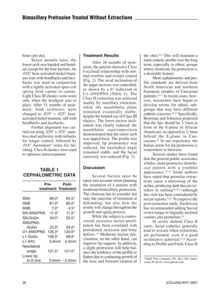 P.33-38 Celli:CR_Celli   1/10/07     2:49 PM       Page 36




           Bimaxillary Protrusion Treated Without Extractions




           hours per day.                             Treatment Results                      the chin.9-11 This will maintain a
                 Seven months later, the                                                     more esthetic profile over the long
                                                            After 26 months of treat-
           lower arch was banded and bond-                                                   term, especially in ethnic groups
                                                      ment, the patient showed a Class
           ed, except for the four incisors. An                                              where moderate lip protrusion is
                                                      I occlusal relationship with nor-
           .016" heat-activated nickel titani-                                               a desirable feature.
                                                      mal overbite and overjet control
           um wire with bendbacks and lace-                                                        Most cephalometric and pro-
                                                      (Fig. 2). The axial inclination of
           backs was used in conjunction                                                     file standards are derived from
                                                      the upper incisors was controlled,
           with a lightly activated open-coil                                                North American and northern
                                                      as shown by a 6° reduction in
           spring from canine to canine.                                                     European samples of Caucasian
                                                      U1-ANS/PNS (Table 1). The
           Light Class III elastics were worn                                                patients.12-17 In recent years, how-
                                                      Class II correction was achieved
           only when the headgear was in                                                     ever, researchers have begun to
                                                      mainly by maxillary retraction,
           place. After 11 months of treat-                                                  develop norms for ethnic sub-
                                                      while the mandibular plane
           ment, both archwires were                                                         groups that may have different
                                                      remained essentially stable,
           changed to .019" ✕ .025" heat-                                                    esthetic concerns.18-23 Specifically,
                                                      despite the limited use of Class III
           activated nickel titanium, still with                                             Bowman and Johnston proposed
                                                      elastics. The lower incisor incli-
           bendbacks and lacebacks.                                                          that the lips should be 2-3mm in
                                                      nation was clearly reduced; the
                 Further alignment was car-                                                  front of the E-plane in African
                                                      mandibular superimposition
           ried out using .019" ✕ .025" stain-                                               Americans, as opposed to 2-3mm
                                                      demonstrated that the entire arch
           less steel archwires with tiebacks                                                behind the E-plane in Cau-
                                                      was tipped back. The profile was
           for torque control, followed by                                                   casians.24 In our experience, the
                                                      improved, lip prominence was
           .014" Australian* wires for fin-                                                  Italian norm for lip protrusion is
                                                      reduced, the nasolabial angle
           ishing. Class II elastics were used                                               somewhere in between.
                                                      remained stable, and the facial
           to optimize intercuspation.                                                             Several studies have found
                                                      convexity was reduced (Fig. 3).
                                                                                             that the general public associates
                                                                                             a fuller, more protrusive dentofa-
                                                      Discussion                             cial pattern with a youthful
                 TABLE 1                                                                     appearance. 25-27 Some authors
            CEPHALOMETRIC DATA                               Several factors must be         have stated that premolar extrac-
                                                      taken into account when planning       tions cause a narrowing of the
                         Pre-     Post-               the treatment of a patient with        arches, producing dark buccal cor-
                      treatment Treatment             moderate bimaxillary protrusion.       ridors in smiling28,29—although
                                                      The clinician has to consider not      this view has been contradicted by
           SNA          88.0°   84.5°                 only the outcome of treatment at       recent reports.30,31 To improve the
           SNB          81.0°   80.0°                 debonding, but also how the            post-extraction smile, Zachrisson
           ANB           7.0°    4.5°                 results will change throughout the     has recommended adding buccal
           SN-ANS/PNS 11.0°     11.0°                 growth and aging process.              crown torque to lingually inclined
           SN-GoGn      34.0°   35.0°                        While the subject is contro-    canines and premolars.32
           ANS/PNS-                                   versial, excessive incisor procli-           In severe skeletal Class II
             GoGn       23.0°   24.0°                 nation has been correlated with        cases, facial esthetics generally
           U1-ANS/PNS 126.0° 120.0°                   periodontal recession and bony         tend to worsen when extractions
                                                      defects.7,8 Moderate incisor pro-      are performed, even if a good
           L1-GoGn     106.0°   98.0°
                                                      clination, on the other hand, can      occlusion is achieved.33-35 Accor-
           L1-APo       5.0mm 4.5mm
                                                      improve lip support. In addition,      ding to Proffit and Field, Class II
           Nasolabial                                 a slight protrusion will help bal-
             angle     121.0° 121.0°                  ance the tendency of the profile to
           Lower lip                                  flatten due to continuing growth of    *G&H Wire Company, P.O. Box 248, Green-
             to E-line  5.0mm –2.0mm                  the nose and forward rotation of       wood, IN 46142; www.ghwire.com.
                                                                                                                 g




           36                                                                                               JCO/JANUARY 2007
 