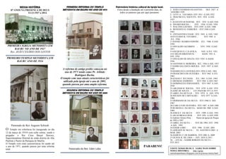 NOSSA HISTÓRIA 
87 ANOS NA PRESENÇA DE DEUS 
14-12-1927 a 2014. 
PRIMEIRA IGREJA METODISTA EM BAURU NO ANO DE 1927 
Rev. JOÃO CESÁRIO DOS SANTOS 
PRIMEIRO TEMPLO METODISTA EM BAURU ANO DE 1934 
Pastorado do Rev Augusto Schwab 
O Templo em referência foi inaugurado no dia 12 de março de 19354 com culto solene, sendo o pregador o Rer Cirus Basset Dawsey, Superintendente Distrital do então distrito de Alta Paulista e Pastor da Paróquia de Marília. 
O Templo com estas características foi usado até o ano de 1971, quando passou por uma reforma total. 
PRIMEIRA REFORMA DO TEMPLO METODISTA EM BAURU NO ANO DE 1972 
A reforma do antigo prédio começou no ano de 1971 tendo como Pr. Arlindo Rodrigues Rocha. 
O templo com suas atuais características foi 
utilizado pela igreja até o ano de 2001, quando passou por uma ampla reforma. 
SEGUNDA REFORMA DO TEMPLO METODISTA EM BAURU NO ANO DE 2001 
Pastorado do Rev Edeir Lobo 
Patrimônio histórico cultural da Igreja local. 
Fotos desde a fundação até a presente data, de todos os pastores que por aqui passaram. 
PARABENS! 
1- JOÃO CESÁRIOD OS SANTOS - DEZ. 1927 A JANEIRO 1929 
2- LEVY A. TAVARES- FEV 1931 A JAN 1932 
4- FRACISCO G. NOCETTI- FEV. 1932 A JAN. 1933 
5- AUGUSTO SCHAWAB- FEV . 1933 A JAN 1936 
6- ISNARD ROCHA - FEV . 1936 A JAN. 1939 
7- WALTER G.OCHES- FEV 1939 A JAN. 1940 
8- BENEDITO H. FERREIRA - FEV 1940 A JAN 1943 
9- CRYSANTHO CESAR - FEV 1943 A JAN. 1945 
10-EUCLIDES R. TAVARES - FEV 1945 A JUL. 1946 
11-DANIEL SOARES FONFIM - JUL. 1946 A JAN. 1950 
12-OSVALDO JACOBSEN - FEV. 1950 A JAN 1951 
13-JACQUES O. C.D AVILA- JAN. A JUL. 1951 
14-CARLOS BIRZENECK - AGOS. 1951 A JAN. 1954 
15-OSVALDO DE SOUZA- FEV 1954 A AGOS. 1956 
16-ANTONIO N. MOREIRA- SET. 1956 A JAN. 1957 
17-EDMO DA COSTA MOURA- FEV 1957 A JAN. 1958 
18-MARIO DA S.AVOURA-FEV.1958 A JAN. 1962 
19-FRANCISCO DE OLIVEIRA - FEV 1962 A JUL. 1963 
20-IZAIAS F. SUCASAS- JUL. 1963 A JAN. 1964 
21-MESSIAS ANDRINO- FEV 1964 A JAN 1967 
22-DOMINGUES FERNANDES- FEV 1967 A JAN. 1970 
23-ARLINDO R. ROCHA- FEV 1970 A JAN. 1974 
24-JOSÉ DE SOUZA - CO- PASTOR 1973 A 1975 
25-ABIEL DA SILVA B. - FEV. 1974 A JAN. 1976 
26-WILSON DE CARVALHO - FEV.1977 A JAN. 1980 
27-HERMANO M. DA SILVA- FEV.1980 A JAN. 1987 
28-LAIR G.S DE OLIVEIRA- FEV 1987 A JAN 1988 
29-RUBENS G. DA SILVA- MAIO DE 1988 A JAN. 1989 
30-JOSUE F. DA SILVA FEV. 1989 A JAN. 1991 
31-SILAS BRAGA REIS - FEV 1991 A JAN 1994 
32-Gabriel Afonso Pitta - Pastor da Igreja de Pirajui de 1992 a 1997 
33-ABIEL DA SILVA - FEV DE 1994 FEV. 1994 A JAN . 1995 
34-EDEIR LOBO - FEV. 1996 A JAN. 2001 
35-ADILSON M. SILVA - VL. SANTISTA 2001 A MAR. 2003 
36-SAMUEL F. DE BARROS- FEV.2001 A 2009 
37-OLIVIA R. DE LIMA – - FEV -2010 A 2011 
38- - ATUAL - SAMIR BORGES DA SILVA – FEV.2012 
VISITE NOSSO BLOG E SAIBA MAIS SOBRE NOSSA HISTORIA: http://igreja metodistaembauru.blogspot.com.br/p/nossa-istoria.html 