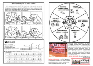 Conforme alguns comentários, “a palavra
‘Carnaval’ está, desse modo, relacionada com a
ideia de "festa do adeus à carne" marcado pela
expressão carnis levale, que, acabou por formar
a palavra "Carnaval", sendo que "carnis" em
latim significa carne e "levale" significa retirar.
Era o último dia, então, que se podia comer
carne, seguindo-se posteriormente o rigoroso
jejum, com abstinência de alimentos de origem
animal”. Wikipédia.
RETIRO ESPIRITUAL - O melhor lugar para a
família cristã.
ESCOLA DOMINICAL - O melhor lugar para
o crescimento espiritual das crianças. Ideal
para Adolescentes e Jovens. Fundamental
para casais e adultos. INSCREVA-SE.
 