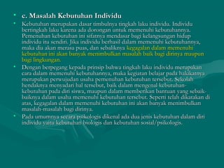 • c. Masalah Kebutuhan Individuc. Masalah Kebutuhan Individu
• Kebutuhan merupakan dasar timbulnya tingkah laku individu. IndividuKebutuhan merupakan dasar timbulnya tingkah laku individu. Individu
bertingkah laku karena ada dorongan untuk memenuhi kebutuhannya.bertingkah laku karena ada dorongan untuk memenuhi kebutuhannya.
Pemenuhan kebutuhan ini sifatnya mendasar bagi kelangsungan hidupPemenuhan kebutuhan ini sifatnya mendasar bagi kelangsungan hidup
individu itu sendiri. Jika individu berhasil dalam memenuhi kebutuhannya,individu itu sendiri. Jika individu berhasil dalam memenuhi kebutuhannya,
maka dia akan merasa puas, dan sebaliknyamaka dia akan merasa puas, dan sebaliknya kegagalan dalam memenuhikegagalan dalam memenuhi
kebutuhan ini akan banyak menimbulkan masalah baik bagi dirinya maupunkebutuhan ini akan banyak menimbulkan masalah baik bagi dirinya maupun
bagi lingkungan.bagi lingkungan.
• Dengan berpegang kepada prinsip bahwa tingkah laku individu merupakanDengan berpegang kepada prinsip bahwa tingkah laku individu merupakan
cara dalam memenuhi kebutuhannya, maka kegiatan belajar pada hakikatnyacara dalam memenuhi kebutuhannya, maka kegiatan belajar pada hakikatnya
merupakan perwujudan usaha pemenuhan kebutuhan tersebut. Sekolahmerupakan perwujudan usaha pemenuhan kebutuhan tersebut. Sekolah
hendaknya menyadari hal tersebut, baik dalam mengenal kebutuhan-hendaknya menyadari hal tersebut, baik dalam mengenal kebutuhan-
kebutuhan pada diri siswa, maupun dalam memberikan bantuan yang sebaik-kebutuhan pada diri siswa, maupun dalam memberikan bantuan yang sebaik-
baiknya dalam usaha memenuhi kebutuhan tersebut. Seperti telah dikatakan dibaiknya dalam usaha memenuhi kebutuhan tersebut. Seperti telah dikatakan di
atas, kegagalan dalam memenuhi kebutuhan ini akan banyak menimbulkanatas, kegagalan dalam memenuhi kebutuhan ini akan banyak menimbulkan
masalah-masalah bagi dirinya.masalah-masalah bagi dirinya.
• Pada umumnya secara psikologis dikenal ada dua jenis kebutuhan dalam diriPada umumnya secara psikologis dikenal ada dua jenis kebutuhan dalam diri
individu yaitu kebutuhan biologis dan kebutuhan sosial/psikologis.individu yaitu kebutuhan biologis dan kebutuhan sosial/psikologis.
 