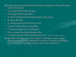 Beberapa diantara kebutuhan-kebutuhan yang harus kita perhatikanBeberapa diantara kebutuhan-kebutuhan yang harus kita perhatikan
ialah kebutuhan:ialah kebutuhan:
• 1) memperoleh kasih sayang;1) memperoleh kasih sayang;
• 2) memperoleh harga diri;2) memperoleh harga diri;
• 3) untuk memperoleh pengharapan yang sama;3) untuk memperoleh pengharapan yang sama;
• 4) ingin dikenal;4) ingin dikenal;
• 5) memperoleh prestasi dan posisi;5) memperoleh prestasi dan posisi;
• 6) untuk dibutuhkan orang lain;6) untuk dibutuhkan orang lain;
• 7) merasa bagian dari kelompok;7) merasa bagian dari kelompok;
• 8) rasa aman dan perlindungan diri;8) rasa aman dan perlindungan diri;
• 9) untuk memperoleh kemerdekaan diri.9) untuk memperoleh kemerdekaan diri. Hirarki kbth Maslow.pdfHirarki kbth Maslow.pdf
Pengenalan terhadap jenis dan tingkat kebutuhan siswa sangatPengenalan terhadap jenis dan tingkat kebutuhan siswa sangat
diperlukan bagi usaha membantu mereka. Program bimbingandiperlukan bagi usaha membantu mereka. Program bimbingan
dan konseling merupakan salah satu usaha kearah itu.dan konseling merupakan salah satu usaha kearah itu.
 