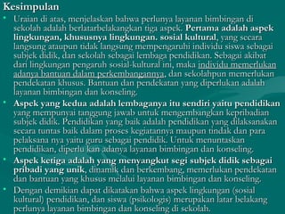 KesimpulanKesimpulan
• Uraian di atas, menjelaskan bahwa perlunya layanan bimbingan diUraian di atas, menjelaskan bahwa perlunya layanan bimbingan di
sekolah adalah berlatarbelakangkan tiga aspek.sekolah adalah berlatarbelakangkan tiga aspek. Pertama adalah aspekPertama adalah aspek
lingkungan, khususnya lingkungan. sosial kulturallingkungan, khususnya lingkungan. sosial kultural, yang secara, yang secara
langsung ataupun tidak langsung mempengaruhi individu siswa sebagailangsung ataupun tidak langsung mempengaruhi individu siswa sebagai
subjek didik, dan sekolah sebagai lembaga pendidikan. Sebagai akibatsubjek didik, dan sekolah sebagai lembaga pendidikan. Sebagai akibat
dari lingkungan pengaruh sosial-kultural ini, makadari lingkungan pengaruh sosial-kultural ini, maka individu memerlukanindividu memerlukan
adanya bantuan dalam perkembangannyaadanya bantuan dalam perkembangannya, dan sekolahpun memerlukan, dan sekolahpun memerlukan
pendekatan khusus. Bantuan dan pendekatan yang diperlukan adalahpendekatan khusus. Bantuan dan pendekatan yang diperlukan adalah
layanan bimbingan dan konseling.layanan bimbingan dan konseling.
• Aspek yang kedua adalah lembaganya itu sendiri yaitu pendidikanAspek yang kedua adalah lembaganya itu sendiri yaitu pendidikan
yang mempunyai tanggung jawab untuk mengembangkan kepribadianyang mempunyai tanggung jawab untuk mengembangkan kepribadian
subjek didik. Pendidikan yang baik adalah pendidikan yang dilaksanakansubjek didik. Pendidikan yang baik adalah pendidikan yang dilaksanakan
secara tuntas baik dalam proses kegiatannya maupun tindak dan parasecara tuntas baik dalam proses kegiatannya maupun tindak dan para
pelaksana nya yaitu guru sebagai pendidik. Untuk menuntaskanpelaksana nya yaitu guru sebagai pendidik. Untuk menuntaskan
pendidikan, diperlu kan adanya layanan bimbingan dan konseling.pendidikan, diperlu kan adanya layanan bimbingan dan konseling.
• Aspek ketiga adalah yang menyangkut segi subjek didik sebagaiAspek ketiga adalah yang menyangkut segi subjek didik sebagai
pribadi yang unikpribadi yang unik, dinamik dan berkembang, memerlukan pendekatan, dinamik dan berkembang, memerlukan pendekatan
dan bantuan yang khusus melalui layanan bimbingan dan konseling.dan bantuan yang khusus melalui layanan bimbingan dan konseling.
• Dengan demikian dapat dikatakan bahwa aspek lingkungan (sosialDengan demikian dapat dikatakan bahwa aspek lingkungan (sosial
kultural) pendidikan, dan siswa (psikologis) merupakan latar belakangkultural) pendidikan, dan siswa (psikologis) merupakan latar belakang
perlunya layanan bimbingan dan konseling di sekolah.perlunya layanan bimbingan dan konseling di sekolah.
 