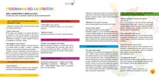 PROGRAMMA DEI LABORATORI
                                                                                                                              Laboratori di costruzione di giochi con materiale di re-              AREA LABORATORIO CONSORzIO AGRITURISTICO
  AREE LABORATORIO A LIBERO ACCESSO
                                                                                                                              cupero che si alterneranno nelle giornate della manife-               MANTOvANO E FATTORIE DIDATTIChE
  (fruibili per tutto il periodo di apertura della manifestazione)
                                                                                                                              stazione; laboratori ideati e gestiti dalla Cooperativa
                                                                                                                              Sociale Minerva.                                                    “Nascosto nel guscio, ma non è un pulcino”
    AREA LABORATORIO ASSOCIAzIONE NAzIONALE                         AREA LABORATORIO PARCO GIARDINO SIGURTà                                                                                       (solo venerdì)
    PEDAGOGISTI CLINICI                                                                                                       “Bibliobus” (solo sabato 15 ottobre)                                Attività con l’utilizzo di vari tipi di frutta secca, dal
                                                                   “I soffi magici” (solo venerdì)                            Lettura Animata gestita dalla Cooperativa Charta.                   riconoscimento delle foglie essiccate al gioco della
  - Laboratori a numero chiuso, iscrizioni presso lo stand         Costruzione di giocattoli semplici con carta velina e                                                                          “scatola magica” dove in un tempo stabilito i bambini
  o al numero 338.4473576                                          cannucce.                                                  “Azzurro, Rosa, Giallo”                                             devono individuare noci, nocciole e mandorle e abbi-
                                                                                                                              (solo sabato 22 ottobre nel pomeriggio)                             narle all’albero corrispondente.
  “Come se fosse vero”                                                                                                        Animazione guidata a cura di Cooperativa Partinverse.
                                                                   “Burattini di carta”
  Prima pittori, poi fotografi e ora statue…giocando ci                                                                       I bambini vengono guidati da due operatori attraverso               “Una, tante mele” (solo venerdì)
                                                                   Costruzione di burattini con carta e materiali semplici.
  si avventura in una continua scoperta di noi stessi e                                                                       esperienze di sperimentazione della propria identità di             Attività educativa alimentare che permette ai bambi-
  degli altri in un processo di crescita e miglioramento                                                                      genere: giochi cooperativi, attività di travestimento, pro-         ni, partendo dall’osservazione di tante varietà di mele
  individuale e di gruppo. (“Il gioco insegna a muoversi,                                                                     poste di scambi di ruoli in attività ludico didattiche, rap-        e mele cotogne, di compiere esperienze di tipo tattile
                                                                    AREA LABORATORIO GELATERIA ChANTILLy
  a immaginare e a pensare” Laeng).                                                                                           presentazioni alternative della propria identità di genere.         e olfattivo.

  “Personaggi in cerca d’autore”                                   “Annusa, crea e degusta il cioccolato”
                                                                   Magiche sensazioni attraverso il profumo del ciocco-                                                                           “zucche e zucconi” (solo venerdì)
  Tanti mondi da scoprire, sognare e inventare attraver-
                                                                   lato. La trasformazione del cioccolato, dalle fave di        AREA LABORATORIO PALM S.P.A.                                      Laboratorio con l’utilizzo di zucche alimentari ed or-
  so lo spirito ludico, le parole, i pensieri, i linguaggi
                                                                   cacao al cioccolatino più goloso. Creazione di una o                                                                           namentali: individuazione del peso reale di una zucca
  espressivi e le produzioni simboliche dei bambini.
                                                                   più ganache per formare dei tartufi e delle praline.       “Da Legno nasce Legno”                                              senza strumenti di misurazione…attività di manipola-
  I bambini, nelle loro singolarità, potranno mettere in
                                                                   Degustazione finale.                                       “Laboratorio rinascimentale di falegnameria” per edu-               zione: quante zucche da una zucca?
  gioco le loro storie, le loro metafore, per avventurarsi
                                                                                                                              care i bambini sulla concreta possibilità di generare               Come utilizzare i semi?
  in un uso creativo dei simboli con la possibilità di spe-
                                                                                                                              un’economia ispirata ai cicli naturali e capace di limi-
  rimentare soluzioni ingegnose che permettano di dare
                                                                    AREA LABORATORIO LEGACOOP                                 tare la produzione dei rifiuti; i bambini potranno re-              “La molitura dei cereali”
  diverse interpretazioni delle situazioni di gioco.
                                                                                                                              alizzare manualmente dei mini-orto-pallet, cassettine               Osservazione dei cereali in spiga, dei diversi tipi di fa-
    AREA LABORATORIO I RAGAZZI DEL CIRCOSTRASS                     “Strumenti rumormusicali” - “I giochi di una volta”        in legno certificato FSC o PEFC atte a contenere fiori o            rina…con un piccolo mulino manuale, proviamo insie-
                                                                   “Macchinine e camioncini” - “Bilboquet” - “Trot-           piantine; mentre lo staff tecnico appronterà appositi               me a macinare i chicchi per ottenere la farina.
  “Circo Scolastico”                                               tole” - “Pazzi Pupazzi” (Questi ultimi tre laboratori      stampi per rendere agevole e sicura la realizzazione, lo
  Elementi di equilibrismo, acrobazia a terra, giocoleria…         sono attivi solo venerdì)                                  staff didattico coinvolgerà i bambini spiegando loro il             “Dal chicco al pane”
  truccabimbi e tanti momenti di animazione guidata.                                                                          ruolo multifunzionale dell’albero e della filiera bosco-            Facciamo il pane insieme…impariamo a ri-
                                                                                                                              legno-consumatore responsabile.                                     spettare i tempi della lievitazione e cuociamo        SeGUe A
                                                                                                                                                                                                                                                             IN
                                                                                                                                                                                                                                                       A pAG
                                                                                                                                                                                                                                                          26
SPECIALE “IL MONDO DI PIPPI”                                  24                                                                                                                             25
 