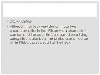 • COMPARISON:
• Although they look very similar, these two
characters differ in that Pillsbury is a character in
comics, and the bear Bimbo is based on a living
being (Bear). also bear the bimbo uses an apron
while Pillsbury uses a scarf at the neck.
 