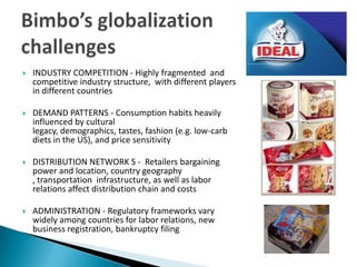INDUSTRY COMPETITION - Highly fragmented  and competitive industry structure,  with different players in different countries DEMAND PATTERNS - Consumption habits heavily influenced by cultural legacy, demographics, tastes, fashion (e.g. low-carb diets in the US), and price sensitivityDISTRIBUTION NETWORK S -  Retailers bargaining power and location, country geography , transportation  infrastructure, as well as labor relations affect distribution chain and costsADMINISTRATION - Regulatory frameworks vary widely among countries for labor relations, new business registration, bankruptcy filingBimbo’s globalization challenges