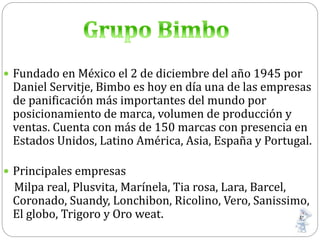  Fundado en México el 2 de diciembre del año 1945 por
Daniel Servitje, Bimbo es hoy en día una de las empresas
de panificación más importantes del mundo por
posicionamiento de marca, volumen de producción y
ventas. Cuenta con más de 150 marcas con presencia en
Estados Unidos, Latino América, Asia, España y Portugal.
 Principales empresas
Milpa real, Plusvita, Marínela, Tia rosa, Lara, Barcel,
Coronado, Suandy, Lonchibon, Ricolino, Vero, Sanissimo,
El globo, Trigoro y Oro weat.
 