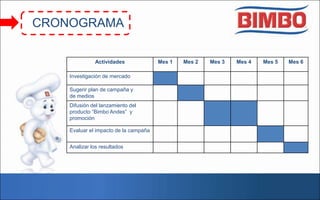 CRONOGRAMA
Actividades Mes 1 Mes 2 Mes 3 Mes 4 Mes 5 Mes 6
Investigación de mercado
Sugerir plan de campaña y
de medios
Difusión del lanzamiento del
producto “Bimbo Andes” y
promoción
Evaluar el impacto de la campaña
Analizar los resultados
 