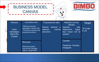 BUSINESS MODEL
CANVAS
Partners
Unión
estratégica
María Pia
Copello
Actividades clave
*.Bimbo promueve
saludable y carrera 10k.
*.Promover consumo de
productos andinos
Propuesta de valor
Granos andinos y
sabores nuevos
peruanos.
Relación con los
clientes
Generar más
interacción, lograr
lazo mayor con el
usuario.
Target
18 a más
A y B
Canales
Facebook, Youtube,
Instagram.
Recursos
Diseñador grafico,
community manager,
videos y stopmotion.
 