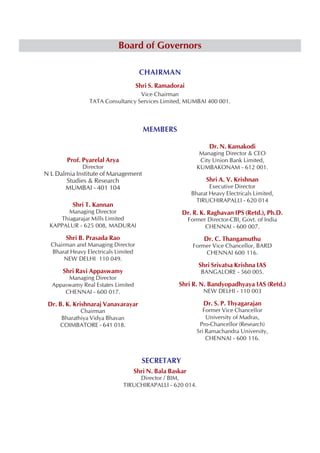 Board of Governors

                                      CHAIRMAN
                                     Shri S. Ramadorai
                                  Vice Chairman
                TATA Consultancy Services Limited, MUMBAI 400 001.



                                       MEMBERS

                                                                 Dr. N. Kamakodi
                                                             Managing Director & CEO
        Prof. Pyarelal Arya                                  City Union Bank Limited,
              Director                                      KUMBAKONAM - 612 001.
N L Dalmia Institute of Management
       Studies & Research                                       Shri A. V. Krishnan
       MUMBAI - 401 104                                          Executive Director
                                                          Bharat Heavy Electricals Limited,
                                                           TIRUCHIRAPALLI - 620 014
          Shri T. Kannan
       Managing Director                             Dr. R. K. Raghavan IPS (Retd.), Ph.D.
    Thiagarajar Mills Limited                            Former Director-CBI, Govt. of India
 KAPPALUR - 625 008, MADURAI                                   CHENNAI - 600 007.
       Shri B. Prasada Rao                                     Dr. C. Thangamuthu
  Chairman and Managing Director                          Former Vice Chancellor, BARD
  Bharat Heavy Electricals Limited                            CHENNAI 600 116.
       NEW DELHI 110 049.
                                                             Shri Srivatsa Krishna IAS
      Shri Ravi Appaswamy                                     BANGALORE - 560 005.
       Managing Director
  Appaswamy Real Estates Limited                    Shri R. N. Bandyopadhyaya IAS (Retd.)
      CHENNAI - 600 017.                                       NEW DELHI - 110 003

 Dr. B. K. Krishnaraj Vanavarayar                              Dr. S. P. Thyagarajan
            Chairman                                           Former Vice Chancellor
     Bharathiya Vidya Bhavan                                    University of Madras,
     COIMBATORE - 641 018.                                   Pro-Chancellor (Research)
                                                            Sri Ramachandra University,
                                                                CHENNAI - 600 116.


                                       SECRETARY
                                 Shri N. Bala Baskar
                                   Director / BIM,
                              TIRUCHIRAPALLI - 620 014.
 