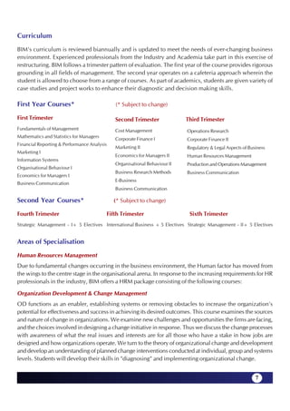 Curriculum
BIM's curriculum is reviewed biannually and is updated to meet the needs of ever-changing business
environment. Experienced professionals from the Industry and Academia take part in this exercise of
restructuring. BIM follows a trimester pattern of evaluation. The first year of the course provides rigorous
grounding in all fields of management. The second year operates on a cafeteria approach wherein the
student is allowed to choose from a range of courses. As part of academics, students are given variety of
case studies and project works to enhance their diagnostic and decision making skills.

First Year Courses*                          (* Subject to change)

First Trimester                              Second Trimester              Third Trimester
Fundamentals of Management                   Cost Management               Operations Research
Mathematics and Statistics for Managers
                                             Corporate Finance I           Corporate Finance II
Financial Reporting & Performance Analysis
                                             Marketing II                  Regulatory & Legal Aspects of Business
Marketing I
                                             Economics for Managers II     Human Resources Management
Information Systems
                                             Organisational Behaviour II   Production and Operations Management
Organisational Behaviour I
                                             Business Research Methods     Business Communication
Economics for Managers I
                                             E-Business
Business Communication
                                             Business Communication

Second Year Courses*                         (* Subject to change)

Fourth Trimester                          Fifth Trimester                   Sixth Trimester
Strategic Management - I+ 5 Electives International Business + 5 Electives Strategic Management - II+ 5 Electives


Areas of Specialisation
Human Resources Management
Due to fundamental changes occurring in the business environment, the Human factor has moved from
the wings to the centre stage in the organisational arena. In response to the increasing requirements for HR
professionals in the industry, BIM offers a HRM package consisting of the following courses:

Organization Development & Change Management
OD functions as an enabler, establishing systems or removing obstacles to increase the organization's
potential for effectiveness and success in achieving its desired outcomes. This course examines the sources
and nature of change in organizations. We examine new challenges and opportunities the firms are facing,
and the choices involved in designing a change initiative in response. Thus we discuss the change processes
with awareness of what the real issues and interests are for all those who have a stake in how jobs are
designed and how organizations operate. We turn to the theory of organizational change and development
and develop an understanding of planned change interventions conducted at individual, group and systems
levels. Students will develop their skills in "diagnosing" and implementing organizational change.


                                                                                                            7
 