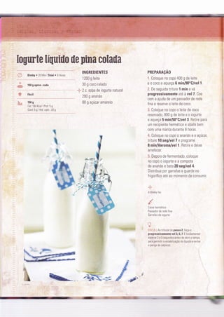 Iogurte líUuiilo üe pina colaüa
*,:
i:; Bimby . 20 lvin lTotal . B Horas
".:
150 g aprox. cada
Fácil
150 s
Cal: 144 Kcal I Prot: 5 g
Gord:5gIHid carb:20g
INGREDIENTES
1200 g leite
30 g coco ralado
-ï".2 c sopa de iogurte natural
200 g ananás
B0 g açúcar amarelo
PREPARACAO
:. Coloque no copo 400 g de leite
e o coco e aqueÇa 6 min/90"C/vel 1.
ã. De seguida triture 1 min e vá
progressivamente até à vel7. Coe
com a ajuda de um passador de rede
fina e reserve o leite de coco.
?. Coloque no copo o leite de coco
reservado, 800 g de leite e o iogurte
e aqueça 5 min/50"C/vel 3. Fetire para
um recipiente hermético e abafe bem
com uma manta durante B horas.
4. Coloque n0 c0p0 o ananás e o açúcar,
trrture 10 seg/vel 7 e programe
8 minÂ/aroma/vel 1. Retire e deixe
arrefecer.
"1. Depoìs de fermentado, coloque
no copo o iogurte e a compota
de ananás e bata 20 seg/vel 4.
Distribua por garraÍas e guarde no
frigorífico até ao momento de consumir.
"â-
A Bimby f az
Caixa hermética
Passador de rede fina
GarraÍas de iogu're
Ao tritura'no passo 2,laça-o
progressivamente vel 3, 5, 7. E Ír-ndamental
esperar 3 a 5 segundos anles de abrìr a tampa.
para pernitir a estabilÌlaÇà0 0o liquioo e evita'
o perigo de salpicos.
fr
Èí*
%
*
4'.r+;E:,!:ryÍç!.,,
,i:.:,i',í,,; ã@
€.:..:+:tr,," ;_:
-Ê:Fg'
4': I
*tÈre* ,S I
/'âë-€-f: F *sd'
&
-'%
!:t*:Ê*iã&
rw %h=-
 