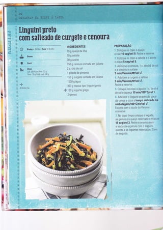 LimgenËleÊ
çflg$m sa[Ë

Õ
Y
&
üloE
Bimby . 25 Mìn ìTotal ' 35 Mìn
Doses
Fácil
üose
Cal. 536 Kcal I Prot: 22 g
Gord: 19 g I Hid. carb.: 68 g
:
q
A Bimby Íaz
PRËFARAçAO
, Coloque no copo o queijo
e rale 10 seg/vel 9. Retire e reserve.
.' Coloque no coPo a cebola e o azeìte
e pìque 5 seg/vel 5.
,: Adìcione a cenoura, 1 c. de chá de sa
eapimentaesalteie
3 rnIn/Varçna/6:/veN d.
',, Adiciane a curgete e salteie
5 rni n'l/VarsmalÇ/vet d.
Retire e reserve.
. Coloque no copo a água e 1 c de cha
de sal e aqueça !tl miml!0S'Clvei 1
,. Adicione a linguíníaïravés do bocal
da tampa e coza o tempo Ësrdieado na
emba ! a gem/l 00"G/ç/tre! d.
Escorra com a ajuda da Varoma
e reserve.
, No copo limpo coloque o ìogurte,
as gemas e o queìjo reservado e mtst':=
15 seg/vel 3. Retire e envolva com
a ajuda da espáïula can c linguini
quente e os legumes reservados. Sìrr:
de seguìda.

lr
I
I
,l
btIi !
prst{p
saffiffi üe cwrffisËe & &€sa{$ãf,tr&
INGAEDIENTE$
70 g queijo da ilha
70 g cebola
30 g azeìïe
150 g cenoura cortada enr juliana
2 c. chá de saì
1 pitada de pimenta
1 50 g curgete cortada em juliana
1 500 g água
350 g massa tìpa Iinguini Preto
*i- I z0 g iogurte grego
2 gemas
-@
 