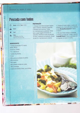 Fescaila com Ëoüos
í4
4
*
Y
I
ll.r
t,r:,
:
38 14Ìn lTotal r 50 Mtn
Doses
Dose
Cal. 605 Kcaì I Prot: 50 g
Gord: 31 g I Hid. carb.: 30 g
INGREDIENTES
1 lombo de Pescada no 3 inteìro
(aprox. 800 g)
! Sumo de 2 lìmões
=- lYrc.chá de sal
* 1 pìtada de Pimenta
=
+ ouot
: 300 g cenoura cortada em PaliÌos
: +00 g brócolos
: SOO g água
: SOO g batata cortada em cubos
: 100 g manteiga
I 3 ramos de tomilho limã0, só as folhas
:
:
=
:
=
-
=
=:
::
=
PREPARAçÃO
1 Coloque uma folha de papel vegetal
sobre a Varoma, disPonha a Pescada
e tempere com sumo de 1 limã0,
lzc. dechá de sal e a Pimenta. Feche
bem o paPel vegetal formando um
embrulho. Distrìbua à volta da pescada
0s 0v0s, a cenoura e os brócolos, tempe-
re com Yz c. de chá de sal e reserve'
:.. Coloque no copo a água, o cesto com
a batata eTzc. de chá de sal e a Varoma
e coza 35 minAlaromalvel 1. Retire
e reserve.
No copo limPo coloque a manteiga,
o tomilho e 0 sum0 de 1 Iimão e derreta
3 minF0"C/vel1. Sirva a Pescada com
os legumes, os ovos e o molho.
hritì'
I
| ,.
.
,l
I
I
_ tl
'l .1
I
crl
I
I
;
t
l
ìi
j
t
ffie "{
,rf
 