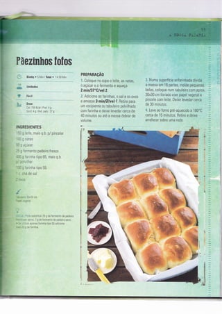 PaezElghos fsfos
Bimby o 5 lVÌn I Ïotal o 1 H 50 N/lin
Unidades
Fácil
Dose
lal 1 59 Kcal I Prot: 4 g
:l'd 4 g I Hid carb.: 27 g
-T
G REDIENTES
: - - :ite, mais q.b. p/ pìncelar
_ _ _ -.+-.
- ítOò
, - '='iiento padeiro fresco
, - - ',lrha tipo 65, mais q.b.
--, i-ar
, - -
"rrnha
tipo 55
---t^.^t_ _ : -tc òdt
- .:
PREPARAçAO
:. Coloque no copo o leite, as natas,
o açúcar e o fermento e aqueça
2rninB7'eluel2.
i:. Adicione as farinhas, o sal e os ovos
e amasse 3 minFg/vel,li. Retire para
um recipiente ou tabuleÌro polvilhado
com farinha e deixe levedar cerca de
40 minutos ou até a massa dobrar de
volume"
.,j Íuma superfície enfarinhada divida
a massa em 16 partes, molde pequenas
bolas, coloque num tabuleiro com aprox.
30x30 cm forrado com papel vegetal e
prncele com leite. Deixe levedar cerca
de 30 minutos.
Leve ao forno pré-aquecido a 180'C
cerca de 15 minutos. Betire e deixe
arrefecer sobre uma rede.
{*
l-,'.
:
- :: substìtuìr 25 g de fermento de padeiro
- ,- .r'rx. 7 g de fermento de padeiro seco.
. :- eros far nha tipo 5b adicione
. : ::'arinha.
 
