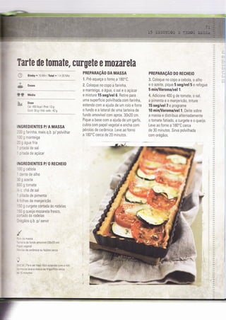 Tarfe ile tomate, curgete e mozarela
-:- Doses
-
Bimby . 15 Min lTotal o 1 H 20 [/lin
Ë; Média
h., Dose
Cal: 493 Kcal I Prot: 13 g
Gord: 30 g 1 Hid carb : 42 g
II{GREDIENTES P/ A MASSA
--, ; farinha, mais q.b. p/ polvilhar
'-, ; manteiga
-- ; água fria
" : :ada de sal
' : ,ada de açúcar
ITIGREDIENTES P/ O RECHEIO
'-- g cebola
' r3nte de alho
:- ; azeite
--l g tomate
- : chá de sal
' : :ada de pimenta
-': has de manjericão
--3 g curgete cortada às rodelas
"- j g queijo mozarela fresco,
::lado as rodelas
-
-:3ãos
Q.b. p/ servir
Ió
=. : lè massa
-.::;ra de Íundo amovível (30x20 cm)
:-: cgËldr
::'. âi oo cerâmica ou teijôes secos
t
:::Ã Ì Para ser mais lácil estender c0m 0 r0lo
:: ïassa leve a massa ão frigorifibo cerca
:: ': rinutos.
PREPARAçAO DA MASSA
'1. Pré-aqueça o forno a 180"C.
ã" Coloque no copo a farinha,
a manteiga, a água, o sal e o açúcar
e mÌsture 15 seg/vel 6. Retire para
uma superfície polvilhada com farinha,
estenda com a ajuda de um rolo e forre
o fundo e a lateral de uma tarteira de
fundo amovível com aprox. 30x20 cm.
Pique a base com a ajuda de um garfo,
cubra com papel vegetal e encha com
pérolas de cerâmica. Leve ao forno
a 180"C cerca de 20 minutos.
PREPARAçAo D0 RECHE|0
S. Coloque no copo a cebola, o alho
e o azeite, pique 5 seg/vel 5 e refogue
5 minÂ/aromaluell.
4. Adicione 400 g de tomate, o sal,
a pimenta e o manjericã0, triture
15seg/velTeprograme
10 minÂ/aroma/vel t. Deite sobre
a massa e distribua alternadamente
0 t0mate fatiado, a curgete e o queijo.
Leve ao forno a 1 80'C cerca
de 30 minutos. Sirva polvilhada
com orégãos.
 