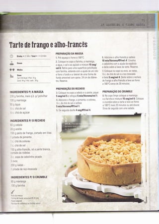 Tarte ile trango e alho-tranc0s
.t
O Bimby . 21 Min lTotal ' 1 H 20 Min
è Doses
tt Média
h.l Dose
Cal:610 Kcal I Prot. 15 g
Gord: 44 g I Hìd. carb.: 39 g
INGREDIENTES P/A MASSA
130 g farinha, mais q.b. p/ polvilhar
'00 g manteiga
-0 g água
"r
c. chá de sal
"..
c. chá de açúcar
INGREDIENTES P/ O RECHEIO
i0 g cebola
20 g azeite
150 g peito de frango, cortado em tiras
' pitada de pimenta
: c. chá de colorau
1 c. chá de sal
1 50 g alhoJrancês, só a parte branca,
:ortado às rodelas
2 c. sopa de cebolinho picado
3 ovos
200 g natas
1 pitada de noz-moscada
INGREDIENTES P/ O CRUMBLE
B0 g manteiga
100 g farinha
PREPARAçÃO DA MASSA
X. Pré-aqueça o Íorno a
'l
B0'C.
?. Coloque no copo a Íarinha, a manteiga,
a água, o sal e ao açúcar e misture 15 seg/
vel 6. Retire para uma superfície polvilhada
com Íarinha, estenda com a ajuda de um rolo
e forre o fundo e a lateral de uma Íorma de
Íundo amovível com aprox. 24 cm de diâme-
tro. Reserve.
PREPABAçÃo D0 RECHEI0
3. Coloque n0 c0p0 a cebola e o azeite, pique
5 seg/vel 5 e refogue 5 minAlaroma/vel 1.
4. Adicione o Írango, a pimenta, o colorau,
lz c. de chá de sal e salteie
5 minÂlaromalÇ.lvell.
5. De seguida desfie 4 seg/$ì/vel 4.
6. Adicione o alho{rancês e saìteie
10 min/l/arom alÇluelé. Envolva
o cebolinho com a ajuda da espátula
e deìte sobre a base da tarte. Reserve.
7. Coloque no copo os ovos, as natas,
lzc.dechét de sal e a noz-moscada
e bata 5 seg/vel 4. Deite sobre o recheio
de Írango e alhoJrancês e leve ao forno
a 1 BO"C cerca de 30 minutos.
PREPARAçÃO DO CRUMBLE
8. No copo Iimpo coloque a manteiga
e a Íarinha e misture 15 seg/vel 6. Coloque
o crunble sobre a tarte e leve ao forno
a 180"C mais 20 minutos ou até dourar.
Sirva de seguida com uma saìada.
tI ,
ìi *
âl
lolo da massa
:rrma de Íundo amovÍveì @ 2a cn)
Papelveúetal :1'. :t'
Pérolas de ceíâmìça ou feijões secos
 