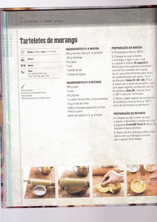 Ietes ile morango
& Doses
Õ BimbY ' 6Mrn lTotal '1H 15Min
INGREDIENTES P/ A MASSA
250 g Íarìnha, maìs q.b. p/ polvìlhar
130 g manteiga
70 g água
1 ovo
1 pitada de sal
1 pitada de açúcar
INGREDIENTES P/ O RECHEIO
500 g leite
2 ovos
50 g açúcar
1/zvagem de baunilha, só as sementes
10 g amido de milho
1 000 g morangos Pequenos ou fruta
fresca a gosto
Geleìa de alPerce q'b. P/ Pincelar
PBEPARAçÃO DA MASSA
1. Pré-aqueça o forno a 180'C'
ã. Coloque no copo a farìnha,
a manteiga, a água, o ovo, o sal
e o açúcar e misture 15 seg/vel 6'
Retire para uma superfície polvilhada
com farìnha, estenda com a ajuda
de um rolo e forre 6 formas para tarl:'
de fundo amovível com aProx' 10 cm
de diâmetro (Íotos 01,02 e 03)" Pìqr=
a massa com a ajuda de um garÍ0, c-:"-
com papel vegetal e encha com pérc
"
de cerâmica (Íoto 04)' Leve ao fornc
a 180"C cerca de 15 minutos'
3" Retìre o papel vegetal com as pét':
'l
de cerâmìca e leve ao forno a 180'C
cerca de 10 minutos ou até dourar
PREPARAçÃ0 D0 RECHEI0
d&" Coloque no copo o leite, os ovos
o açúcar, a baunilha e o amìdo de rr -:
e programe 6 min/90"G/vel 4 Ret:'= -=
imediato e deixe arrefecer"
$. Depois de frio, distribua sobre a :"'
decore com os morangos e Pincele
com a geleia. Sirva fresca.
&& Média
t,.
: ${sl!
:
Dose
Cal: 642 Kcal I Prot: 12 g
Gord: 35 g I Hìd carb.: 70 g
%4
.lI Ë ,T.gJL
 