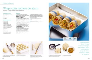 2 | Bimby Bimby | 3
Tempo • 9 Min Média16 Pessoas
Wraps com recheio de atum
IngredIentes p/ a massa
500 g farinha Espiga, tipo 65
100 g banha
2 c. chá de sal
250 g água
IngredIentes p/ o recheIo
1 cebola média
1 dente de alho
1 cenoura média
1 rodela de pimento verde
c/ cerca de 1 cm de largura
1 rodela de pimento vermelho
c/ cerca de 1 cm de largura
3 pés de salsa
30 g azeite
½ c. chá de sal
4 latas de atum em azeite
1 lata pequena de milho
preparação
1. Comece por fazer a massa, coloque
no copo a farinha, a banha, o sal e misture
10 seg/vel 7. Adicione a água
e programe 10 seg/vel 7.
2. De seguida programe 1 min/vel . Retire,
cubra com película aderente e deixe des-
cansar cerca de 30 minutos.
3. Coloque no copo a cebola, o alho, a ce-
noura, os pimentos, a salsa, o azeite e pi-
que 8 seg/vel 4. Com ajuda da espátula
baixe o que ficou na parede do copo.
4. Refogue 5 min/Varoma/vel 1. Adicione
o sal, o atum bem escorrido e programe
3 min/100°c/ /vel . Retire para uma
taça e deixe que arrefeça.
5. Envolva o recheio de atum com o milho.
6. Divida a massa em 16 bolas de aprox.
50 g cada. Numa superfície polvilhada
de farinha e com a ajuda de um rolo, esten-
da cada bola num círculo de 18 cm
de diâmetro.
7. Coloque um wrap de cada vez numa fri-
gideira anti-aderente aquecida até dourar
dos dois lados. Espalme as bolhas com uma
escumadeira e empilhe.
8. Mantenha os wraps quentes, recheie
e sirva.
Passo-a-Passo
2. Divida a massa em 16 bolas.
Almoço, Lanche, Jantar? A escolha é sua...
3. Numa superfície polvilhada com
farinha, estenda cada bola num círculo
de aprox. 18 cm de diâmetro.
1. Cubra a massa com película aderente
e deixe descansar 30 Min.
Refeições mais
leves! É o que
apetece em tempo
de Primavera. Aqui,
passo a passo,
wraps de atum,
originais e fáceis
de preparar.
5. Recheie os wraps e sirva.4. Coloque cada círculo numa frigideira
aquecida até dourar dos dois lados.
dIca | Se pretender esta receita numa versão mais
light substitua por atum ao natural.
 