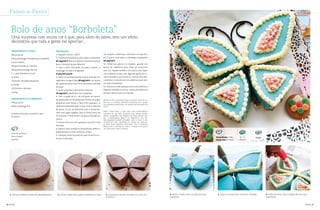 8 | Bimby Bimby | 9
Bolo de anos “Borboleta”
IngredIentes p/ o bolo
300 g açúcar
300 g manteiga à temperatura ambiente
5 ovos médios
300 g chocolate p/ culinária
300 g farinha Espiga tipo 65
1 c. sopa fermento em pó
p/ bolos
10 formas de papel pequenas
p/ doces
10 smarties coloridos
Gomas
IngredIentes p/ a cobertura
440 g açúcar
200 g manteiga fria
Corante alimentar vermelho e azul
p/ colorir
preparação
1. Aqueça o forno a 180°C
2. Pulverize metade do açúcar para a cobertura
20 seg/vel 9. Retire e repita o mesmo processo
para o restante açúcar. Reserve.
3. Faça o bolo, colocando no copo o açúcar, a
manteiga, os ovos e programe
5 min/70°c/vel 4.
4. Deite o chocolate partido e deixe amaciar uns
segundos. A seguir bata 20 seg/vel 6, com ajuda
da espátula baixe o que ficou na tampa e parede
do copo.
5. Junte a farinha, o fermento e envolva
15 seg/vel 3, ajudando com a espátula.
6. Com a ajuda de 2 c. de chá deite um pouco
do preparado em 10 pequenas formas de papel
pequenas para doces e faça mini queques. O
restante preparado deite numa forma redonda
de aprox. 22 cm de diâmetro, com o fundo for-
rado com papel vegetal. Leve ao forno cerca de
35 minutos. O bolo ficará um pouco húmido no
centro.
7. Leve ao forno os mini queques cerca de 15-20
minutos.
8. Deixe o bolo arrefecer e desenforme. Retire o
papel da base e corte conforme a foto.
9. Coloque o bolo no prato em que irá servir con-
forme a indicação.
10. Prepare a cobertura, colocando no copo lim-
po o açúcar reservado, a manteiga e programe
20 seg/vel 5.
11. Antes de aplicar os corantes, guarde um
pouco de cobertura para fazer os contornos
sem cor. Separe também um pouco para fazer
uma cobertura rosa, com algumas gotas do co-
rante vermelho, que ficará no interior das asas.
Usaremos o corante azul na cobertura para bar-
rar toda a borboleta.
12. Decore os mini queques com uma cobertura
de glacê colorido ou com as sobras da cobertura
do bolo. Decore com os smarties.
Passo-a-Passo
Sacos de pasteleiro
Bicos frisados
Espátula
2. Corte o bolo em quatro conforme a foto.
Uma surpresa com muita cor e que, para além do sabor, tem um efeito
decorativo que toda a gente vai apreciar...
3. Posicione as partes cortadas em forma de
borboleta.
1. Deixe arrefecer antes de desenformar. 5. Faça os contornos com bico frisado.4. Barre o bolo com a ajuda de uma
espátula.
6. Pode decorar com a ajuda de um saco
pasteleiro.
nota | Se for necessário faça um pouco mais de co-
bertura. O corante alimentar encontra-se à venda
nas grandes superfícies, na secção de decoração de
bolos.
dIca | Pode fazer o bolo com uma antecedência
máxima de um mês. Durante este tempo deverá
deixar congelado. Na véspera da festa deverá dei-
xar a descongelar dentro do frigorífico. Um vez
descongelado poderá proceder com o corte e de-
coração do bolo. Aproveite as sobras de cobertu-
ra para fazer bolachas recheadas. Una 2 bolachas
Maria com o recheio no meio e coloque um pouco
em cima para colar as gomas.
Tempo Bimby • 7 Min
Tempo Total • 2 Horas
10 - 12
Pessoas
Média
 