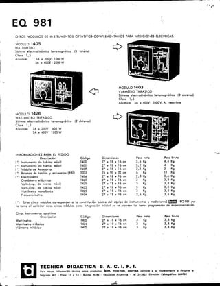EQ 981
MODULO 1403
VARMETRO 'TRIFASICO
Sistema electrodinámico ferromagnético (2 sistemas)
Close 1,5
Alcances SA x 400V: 2000V. A. reactivos
MODULO 1426
WA TT1METRO TRIFASICO
Sistema electrodinámico ferromagnético (2 sistemas)
Close 1,5
Alcances 3A x 200V: 600 W
3A x 400V, 1200 W
OTROS VlODUlOS DE It'-STRUVlENTOS OPTATIVOS COVlPlEMEi'-'TARIOS PARA VlEDICIONES ElECTRICAS,
VlODUlO 1405
WATTIMETRO
Siste:-no electrodinámico ferrol1ognético (l ristEm1o)
Close 1,5
Alcances 5A x 200V, 1000W
5A x 400*, 2000W
INFORMACIONES PARA El PEDIDO
.~
Descripción Código Dimensiones Peso neto Peso bruto
( ') Instrumento de bobino móvil 1402 27 x 18 x 16 cm 3,6 Kg 4,4 Kg
( ') Instrumento de hierro móvil 1401 27 x 18 x 16 cm 3,2 Kg 4 Kg
( ') Módulo de Accesorios 1407 27 x 18 x 16 cm 2,3 Kg 3 Kg
( ') Balanza .de torsión y accesorios (982) 2032 25 x 90 x 32 cm 6 Kg 11 Kg
(') Electrómetro 1406 27 x 18 x 16 cm 2,8 Kg 3,6 Kg
Cronómetro eléctrico 1461 27 x 18 x 16 cm 3 Kg 3,8 Kg
Volt-Amp. de hierro móvil 1421 27 x 18 x 16 cm 3 Kg 3,8 Kg
Volt-Amp. de bobino móvil 1422 27 x 18 x 16 cm 3 Kg 3,8 Kg
AJattímetro monofásico 1425 27 x 18 x 16 cm 3 Kg 3,8 Kg
Frecuencímetro 1404 27 x 18 x 16 cm 2,6 Kg 3,4 Kg
(*) Estos cinco módulos corresponden o lo constitución básica del equipo de instrumentos y medicionesI l.ftIm EQ981 por
lo t,anto al solicitar estos cinco módulos como integración inicial yo se proveen los temas programados de experimentación.
Otros 'instrumentos optativos
Descripción
Wattímetro
Wattímetro trifásico
Vórmetro trifásico
Código
1405
1426
1403
Dimensiones
27x18x16cm
27x18x16cm
27 x 18 x 16 cm
Peso neto
3 Kg
3 Kg
3 Kg
Peso hruto
3,8 Kg
3,8 Kg
3,8 Kg
ID TECNICA DIDACTICA S. A. C. l. F. l.
Para mayor informaci6ñ técnicll sobre productos bim, PROCYON, DIOPTRA contacte a su representante o dirigirse a:
Be!grano 407 . Pisos 11 y 12 - Buenos Aires - República Argentina - Tel 34-3825 Dirección Cablegráfica: BIMTEC
 