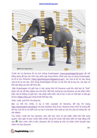 Trước khi có Dynamo thì có anh chà
tiếng dùng để tạo các hình h
có lẽ là Jon Mirtschin (http://geometrygym.blogspot.co.uk/
vừa là kỹ sư tin học. Ảnh dùng Grasshopper đ
thể vào blog của ảnh để theo dõi.
Nếu Grasshopper chỉ giới h
được với các dữ liệu (data) c
kiểu này là không có giới h
là flux (https://flux.io/) cũng thu
Voilu, voilà, quá khứ và tương lai.
Bạn có thể tìm nhiều ví d
http://dynamobim.com/learn/
dễ học cho kỹ sư và kiến trúc sư t
các object.
Tuy nhiên, trước khi học dynamo, b
quanh, đơn giản là bạn mu
nào . Như mình viết ở trên, Dynamo r
chăm chỉ học Dynamo.
c khi có Dynamo thì có anh chàng Grasshopper (www.grasshopper3d.com
o các hình học phức tạp trong Rhino. Đỉnh cao của s
http://geometrygym.blogspot.co.uk/), Jon v
nh dùng Grasshopper để tạo ra các thứ rất là hay ho, các b
theo dõi.
i hạn ở việc dựng hình thì Dynamo vượt lên m
u (data) của mô hình. Bởi thế, tương lai của Dynamo và các ph
i hạn. Các phần mềm kiểu này là tại vì vừa có m
ũng thuộc thể loại này.
và tương lai.
u ví dụ ở trên youtube về Dynamo, đ
http://dynamobim.com/learn/ mà bạn davidlun đưa là đủ. Dynamo theo mình là t
n trúc sư tại vì chả phải nhớ code gì mà ch
c dynamo, bạn nên học revit và các phầ
n muốn điều khiển cài gì thì trước hết phải bi
trên, Dynamo rất có tương lai nên cá nhân m
101
www.grasshopper3d.com) rất nổi
a sử dụng Grasshopper
), Jon vừa là kỹ sư xây dựng
t là hay ho, các bạn có
t lên một bực là “chơi”
a Dynamo và các phần mềm
a có một bạn ra đời gọi
Dynamo, để học thì trang
. Dynamo theo mình là tương đối
code gì mà chủ yếu là tương tác với
ần mềm liên kết xung
i biết nó hoạt động thế
t có tương lai nên cá nhân mình khuyên bạn
www.huytraining.com
 
