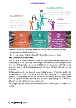 - Sau đấy tùy tình hình chef mu
- Đi chi xa dzậy em. Ra đầu ng
- Ok, vậy tiếp theo em chuẩ
BIM Standard - Tiêu chu
Chef ơi, các bộ môn hiện tạ
tài liệu để giúp họ làm việc chung v
lắm, ổng nghĩ ổng giỏi toán lý hóa bi
xong, chef phải gọi mấy ổng l
là em thua.
BIM Standad là cái nền hay là m
làm việc được với nhau. T
thông tin CDE, đến những vi
chức thư mục trên máy tính. Hay cách phân chia công vi
đến cách giao tiếp mô hình (linking, coordination)…
Nói chung em gửi chef cái m
chi tiết.
y tùy tình hình chef muốn lên sao hỏa hay mặt trăng mà em tr
u ngỏ được rùi.
ẩn bị một cái BIM Standard cho anh em h
chuẩn BIM
ại họ làm tùy hứng lắm, mỗi ông làm mộ
c chung với nhau nghe chef. Mà các ông k
i toán lý hóa biết chút kỹ thuật nên là supbơ man,
ng lại và yêu cầu thực hiện rồi em giải thích thêm ch
n hay là một cái khung chuẩn (Framwork) để
i nhau. Từ cái việc to to là cùng dùng chung mộ
ng việc nho nho như đặt tên file, tên view, tên đ
c trên máy tính. Hay cách phân chia công việc (workset), s
p mô hình (linking, coordination)…
i chef cái mục lục để chef có keyword rồi chef cho ý ki
104
t trăng mà em trình bày tiếp?
t cái BIM Standard cho anh em họ dùng.
ột kiểu, để em soạn cái
i nhau nghe chef. Mà các ông kỹ thuật ổng cứng đầu
t nên là supbơ man, bởi thế em viết
i thích thêm chứ mình em
ể bảo đảm các bộ môn
ột môi trường trao đổi
t tên file, tên view, tên đối tượng, cách tổ
c (workset), sản xuất bản vẽ,
i chef cho ý kiến để em triển khai
www.huytraining.com
 