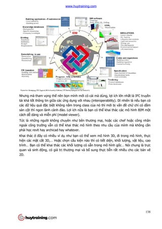 Nhưng mà tham vọng thế nên b
tải khá tốt thông tin giữa các
các dữ liệu quá đặc biệt khôn
sàn cột thì ngon lành cành
cách dễ dàng và miễn phí (model viewer).
Tức là những người không chuyên như bên thương m
ngoài công trường vẫn có th
phải học revit hay archicad hay whatever.
Khai thác ở đây có nhiều v
hiện các mặt cắt 3D,… Hoặ
trình… Bạn có thể khai thác các kh
quan và sinh động, có giá tr
2D.
nên bọn mình mới có cái mà dùng, lợi ích l
a các ứng dụng với nhau (interoperability). D
t không nằm trong class của nó thì mới bị v
t thì ngon lành cành đào. Lợi ích nữa là bạn có thể khai thác các mô hình BIM m
n phí (model viewer).
i không chuyên như bên thương mại, hoặc các chef ho
n có thể khai thác mô hình theo nhu cầu củ
c revit hay archicad hay whatever.
u ví dụ như bạn có thể xem mô hình 3D, đi trong mô h
ặc chọn cấu kiện nào thì có tiết diện, kh
khai thác các khối lượng có sẵn trong mô hình g
ng, có giá trị thương mại và bổ sung thực tiễn rất nhi
138
i ích lớn nhất là IFC truyền
i nhau (interoperability). Dĩ nhiên là nếu bạn có
vấn đề chứ chỉ có dầm
khai thác các mô hình BIM một
c các chef hoặc công nhân
ủa mình mà không cần
đi trong mô hình, thực
n, khối lượng, vật liệu, cao
n trong mô hình gốc… Nói chung là trực
t nhiều cho các bản vẽ
www.huytraining.com
 