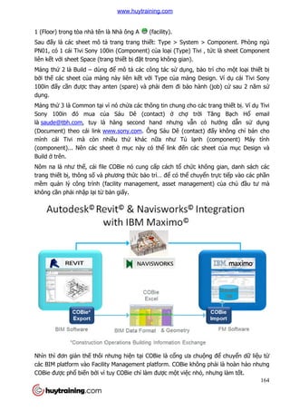 1 (Floor) trong tòa nhà tên là Nhà ông A
Sau đấy là các sheet mô tả
PN01, có 1 cái Tivi Sony 100in (Component) c
liên kết với sheet Space (trang thi
Mảng thứ 2 là Build – dùng đ
bởi thế các sheet của mảng này liên k
100in đấy cần được thay anten (spare) và ph
dụng.
Mảng thứ 3 là Common tại vì nó ch
Sony 100in đó mua củ
là saude@tbh.com, tuy là hàng second hand nhưng v
(Document) theo cái link www.sony.com
mình cái Tivi mà còn nhi
(component)... Nên các sheet
Build ở trên.
Nôm na là như thế, cái file COBie nó cung c
trang thiết bị, thông số và phương th
mềm quản lý công trình (facility management, asset management) c
không cần phải nhập lại từ
Nhìn thì đơn giản thế thôi nhưng hi
các BIM platform vào Facility Management platform. COBie không ph
COBie được phổ biến bởi vì tuy COBie ch
1 (Floor) trong tòa nhà tên là Nhà ông A (facility).
ả trang trang thiết: Type > System > Compon
PN01, có 1 cái Tivi Sony 100in (Component) của loại (Type) Tivi , tứ
i sheet Space (trang thiết bị đặt trong không gian).
dùng để mô tả các công tác sử dụng, bảo trì cho m
ng này liên kết với Type của mảng Design. Ví d
c thay anten (spare) và phải đem đi bảo hành (job) c
i vì nó chứa các thông tin chung cho các trang thi
ủa Sáu Dê (contact) ở chợ trời Tăng B
, tuy là hàng second hand nhưng vẫn có hư
www.sony.com. Ông Sáu Dê (contact) đ
mình cái Tivi mà còn nhiều thứ khác nữa như Tủ lạnh (component) Máy tính
(component)... Nên các sheet ở mục này có thể link đến các sheet c
ile COBie nó cung cấp cách tổ chức không gian, danh sách các
và phương thức bảo trì… để có thể chuyển tr
n lý công trình (facility management, asset management) c
bản giấy.
thôi nhưng hiện tại COBie là cổng ưa chuộng đ
các BIM platform vào Facility Management platform. COBie không ph
i vì tuy COBie chỉ làm được một việc nhỏ, nhưng
164
t: Type > System > Component. Phòng ngủ
ức là sheet Component
o trì cho một loại thiết bị
ng Design. Ví dụ cái Tivi Sony
o hành (job) cứ sau 2 năm sử
a các thông tin chung cho các trang thiết bị. Ví dụ Tivi
i Tăng Bạch Hổ email
n có hướng dẫn sử dụng
. Ông Sáu Dê (contact) đấy không chỉ bán cho
nh (component) Máy tính
n các sheet của mục Design và
c không gian, danh sách các
n trực tiếp vào các phần
n lý công trình (facility management, asset management) của chủ đầu tư mà
ng để chuyển dữ liệu từ
các BIM platform vào Facility Management platform. COBie không phải là hoàn hảo nhưng
, nhưng làm tốt.
www.huytraining.com
 