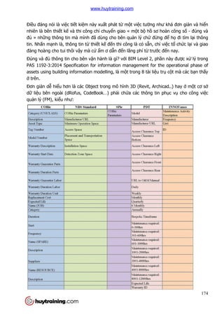 Điều đáng nói là việc tiết ki
nhiên là bên thiết kế và thi công ch
đủ » những thông tin mà mình
tin. Nhấn mạnh là, thông tin t
đàng hoàng cho tui thôi vậy mà c
Đúng và đủ thông tin cho bên v
PAS 1192-3:2014 Specification for information management for the operational phase of
assets using building information modelling, là m
ở trên.
Đơn giản dễ hiểu hơn là các Object trong mô h
dữ liệu bên ngoài (dRofus, CodeBook…) ph
quản lý (FM), kiểu như:
t kiệm này xuất phát từ một việc tưởng như khá đơn gi
và thi công chỉ chuyển giao « một bộ hồ sơ hoàn công s
ng thông tin mà mình đã dùng cho bên quản lý chứ đừng đ
là, thông tin từ thiết kế đến thi công là có sẵn, chỉ
y mà cứ ẩm ơ dẫn đến lãng phí từ trước đ
thông tin cho bên vận hành là gì? với BIM Level 2, phầ
Specification for information management for the operational phase of
assets using building information modelling, là một trong 8 tài liệu tr
u hơn là các Object trong mô hình 3D (Revit, Archicad..) hay
u bên ngoài (dRofus, CodeBook…) phải chứa các thông tin ph
174
ng như khá đơn giản và hiển
sơ hoàn công số - đúng và
ng để họ đi tìm lại thông
việc tổ chức lại và giao
c đến nay.
ần này được xử lý trong
Specification for information management for the operational phase of
u trụ cột mà các bạn thấy
ình 3D (Revit, Archicad..) hay ở một cơ sở
a các thông tin phục vụ cho công việc
www.huytraining.com
 