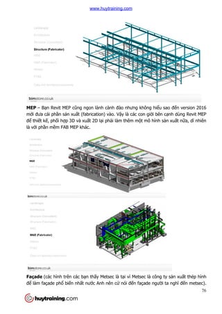 MEP – Bạn Revit MEP cũng ngon l
mới đưa cái phần sản xuất (fabrication) vào. V
để thiết kế, phối hợp 3D và xu
là với phần mềm FAB MEP khác.
Façade (các hình trên các b
để làm façade phổ biến nhấ
ũng ngon lành cành đào nhưng không hiểu sao đ
t (fabrication) vào. Vậy là các con giời bên c
p 3D và xuất 2D lại phải làm thêm một mô hình s
m FAB MEP khác.
(các hình trên các bạn thấy Metsec là tại vì Metsec là công
ất nước Anh nên cứ nói đến façade ngườ
76
u sao đến version 2016
i bên cạnh dùng Revit MEP
t mô hình sản xuất nữa, dĩ nhiên
i vì Metsec là công ty sản xuất thép hình
ời ta nghĩ đến metsec).
www.huytraining.com
 