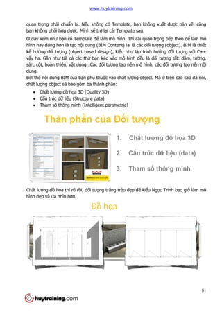 quan trọng phải chuẩn bị. N
bạn không phối hợp được. Mình s
Ở đây xem như bạn có Template đ
hình hay đúng hơn là tạo n
kế hướng đối tượng (object based design), ki
vậy ha. Gần như tất cả các th
sàn, cột, hoàn thiện, vật dụ
dung.
Bởi thế nội dung BIM của b
chất lượng object sẽ bao gồ
 Chất lượng đồ họa 3D (Qua
 Cấu trúc dữ liệu (Structure data)
 Tham số thông minh (Intelligent parametric)
Chất lượng đồ họa thì rõ rồ
hình đẹp và ưa nhìn hơn.
. Nếu không có Template, bạn không xu
c. Mình sẽ trở lại cái Template sau.
n có Template để làm mô hình. Thì cái quan trọng ti
ội dung (BIM Content) lại là các đối tượng (object). BIM là thi
ng (object based design), kiểu như lập trình hướ
các thứ bạn kéo vào mô hình đều là đối tư
ụng…Các đối tượng tạo nên mô hình, các
a bạn phụ thuộc vào chất lượng object. Mà
ồm ba thành phần:
a 3D (Quality 3D)
u (Structure data)
thông minh (Intelligent parametric)
ồi, đối tượng trắng trẻo đẹp đẽ kiểu Ngọc Trinh bao gi
81
n không xuất được bản vẽ, cũng
ng tiếp theo để làm mô
ng (object). BIM là thiết
ớng đối tượng với C++
i tượng tất: dầm, tường,
o nên mô hình, các đối tượng tạo nên nội
ng object. Mà ở trên cao cao đã nói,
c Trinh bao giờ làm mô
www.huytraining.com
 