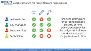 applecoredesigns.co.uk | info@applecoredesigns.co.uk | +44 121 447 7747 | +44 121 447 7788
Collaborating with the team:
Fine tune permissions
for all team members
globally or for a
particular project, for
the assignment of tasks,
work spaces, and
project administration
Roles and responsibilities
Administrator
BIM manager
Lead Architect
Technician
 