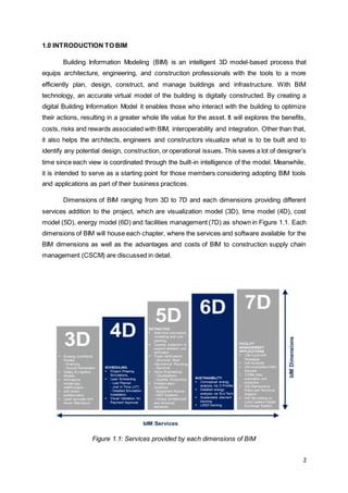 2
1.0 INTRODUCTION TO BIM
Building Information Modeling (BIM) is an intelligent 3D model-based process that
equips architecture, engineering, and construction professionals with the tools to a more
efficiently plan, design, construct, and manage buildings and infrastructure. With BIM
technology, an accurate virtual model of the building is digitally constructed. By creating a
digital Building Information Model it enables those who interact with the building to optimize
their actions, resulting in a greater whole life value for the asset. It will explores the benefits,
costs, risks and rewards associated with BIM, interoperability and integration. Other than that,
it also helps the architects, engineers and constructors visualize what is to be built and to
identify any potential design, construction, or operational issues. This saves a lot of designer’s
time since each view is coordinated through the built-in intelligence of the model. Meanwhile,
it is intended to serve as a starting point for those members considering adopting BIM tools
and applications as part of their business practices.
Dimensions of BIM ranging from 3D to 7D and each dimensions providing different
services addition to the project, which are visualization model (3D), time model (4D), cost
model (5D), energy model (6D) and facilities management (7D) as shown in Figure 1.1. Each
dimensions of BIM will house each chapter, where the services and software available for the
BIM dimensions as well as the advantages and costs of BIM to construction supply chain
management (CSCM) are discussed in detail.
Figure 1.1: Services provided by each dimensions of BIM
 