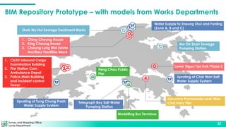 Survey and Mapping Office
Lands Department
21
BIM Repository Prototype – with models from Works Departments
Shek Wu Hui Sewage Treatment Works
Water Supply to Sheung Shui and Fanling
(Zone A, B and C)
Ma On Shan Sewage
Pumping Station
Uprating of Chai Wan Salt
Water Supply System
Telegraph Bay Salt Water
Pumping Station
Uprating of Tung Chung Fresh
Water Supply System
Modelling Bus Terminus
Peng Chau Public
Pier
1. Ching Cheung House
2. King Cheung House
3. Cheung Lung Wai Estate
Ancillary Facilities Block
1. C&ED Inbound Cargo
Examination Building
2. Fire Station Cum
Ambulance Depot
3. Police Main Building
and Incident control
Tower
Lower Ngau Tau Kok Phase 2
Advance Promenade near Wan
Chai Ferry Pier
 