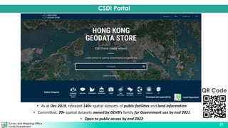 Survey and Mapping Office
Lands Department
31
• As at Dec 2019, released 140+ spatial datasets of public facilities and land information
• Committed: 70+ spatial datasets owned by DEVB’s family for Government use by end 2021
• Open to public access by end 2022
CSDI Portal
QR Code
 